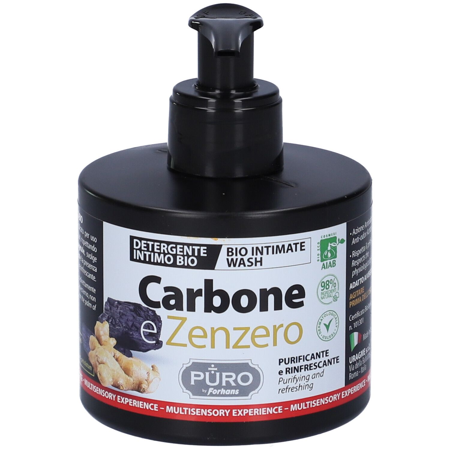 Flacone nero con dosatore. Scritta: Carbone e Zenzero, Detergente Intimo Bio. Certificazione AIAB.
