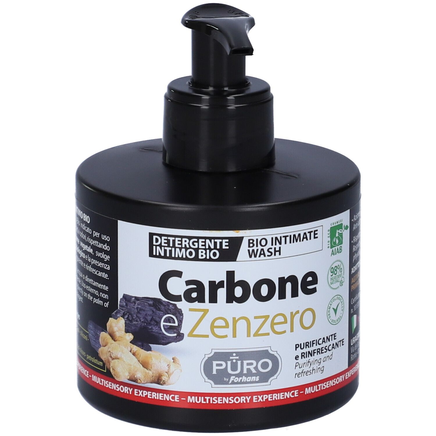 Flacone nero con dosatore. Scritta: Carbone e Zenzero, Detergente Intimo Bio. Certificazione AIAB.