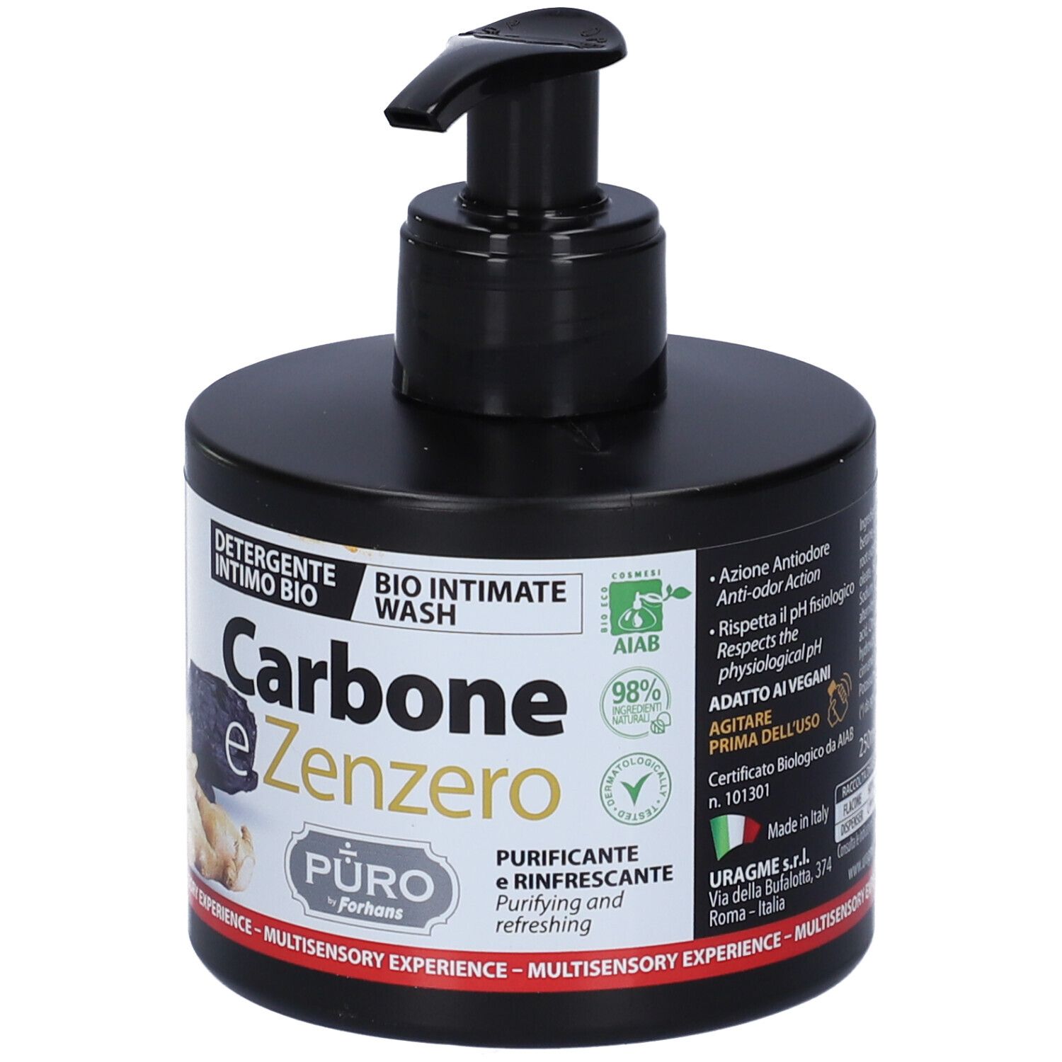 Flacone nero con dosatore. Scritta: Carbone e Zenzero, Detergente Intimo Bio. Certificazione AIAB, vegano.