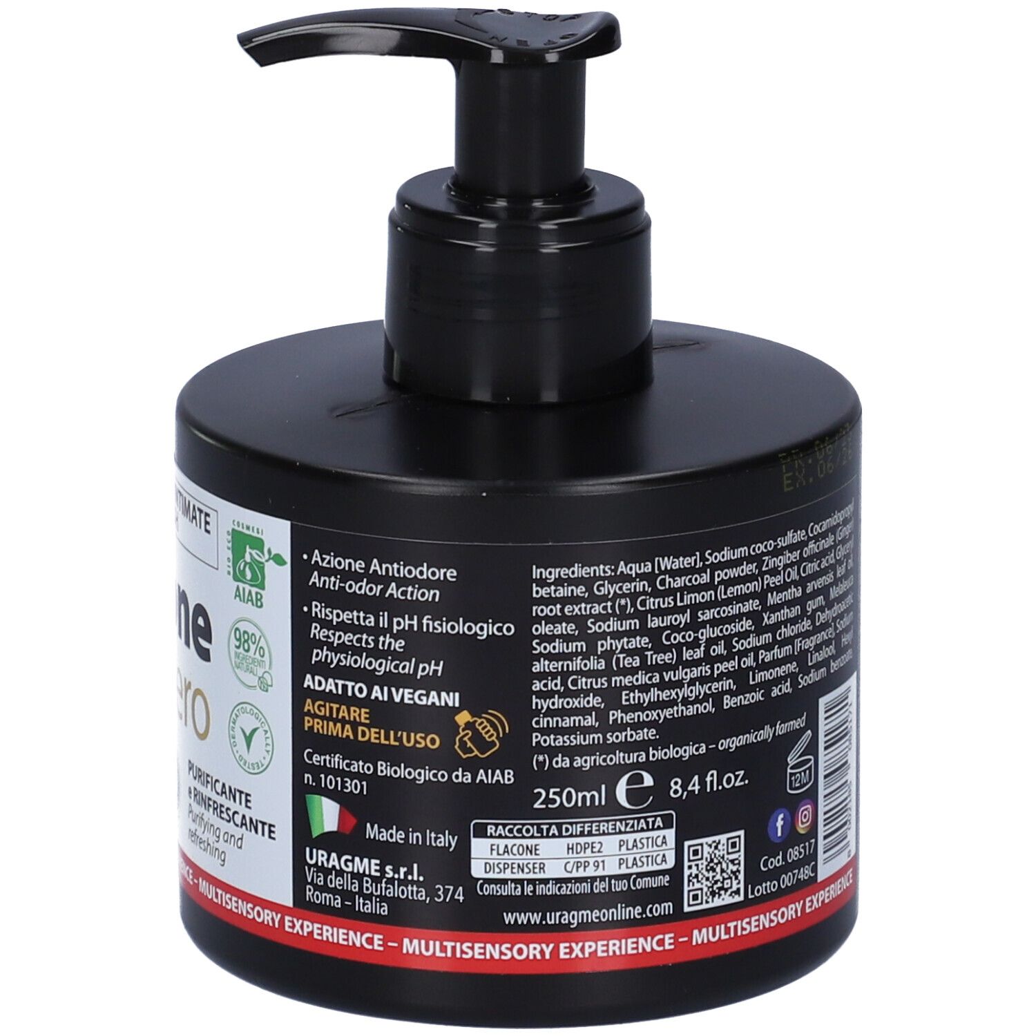 Flacone nero con dosatore. Retro con ingredienti, istruzioni e certificazioni. 250 ml.