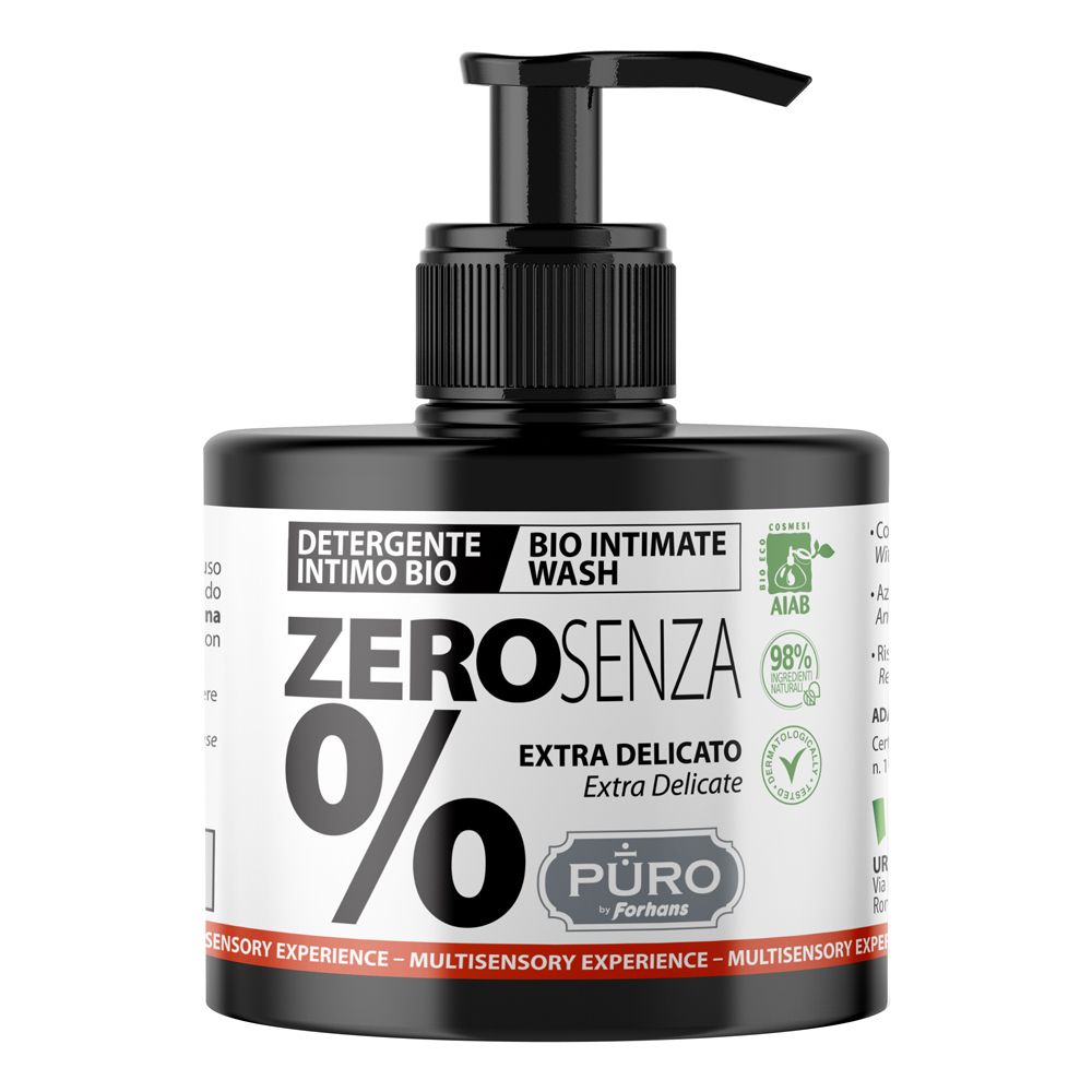 Flacone nero con dosatore. Scritta: ZERO 0%, Extra Delicato. Bio Intimate Wash. Certificazione AIAB.
