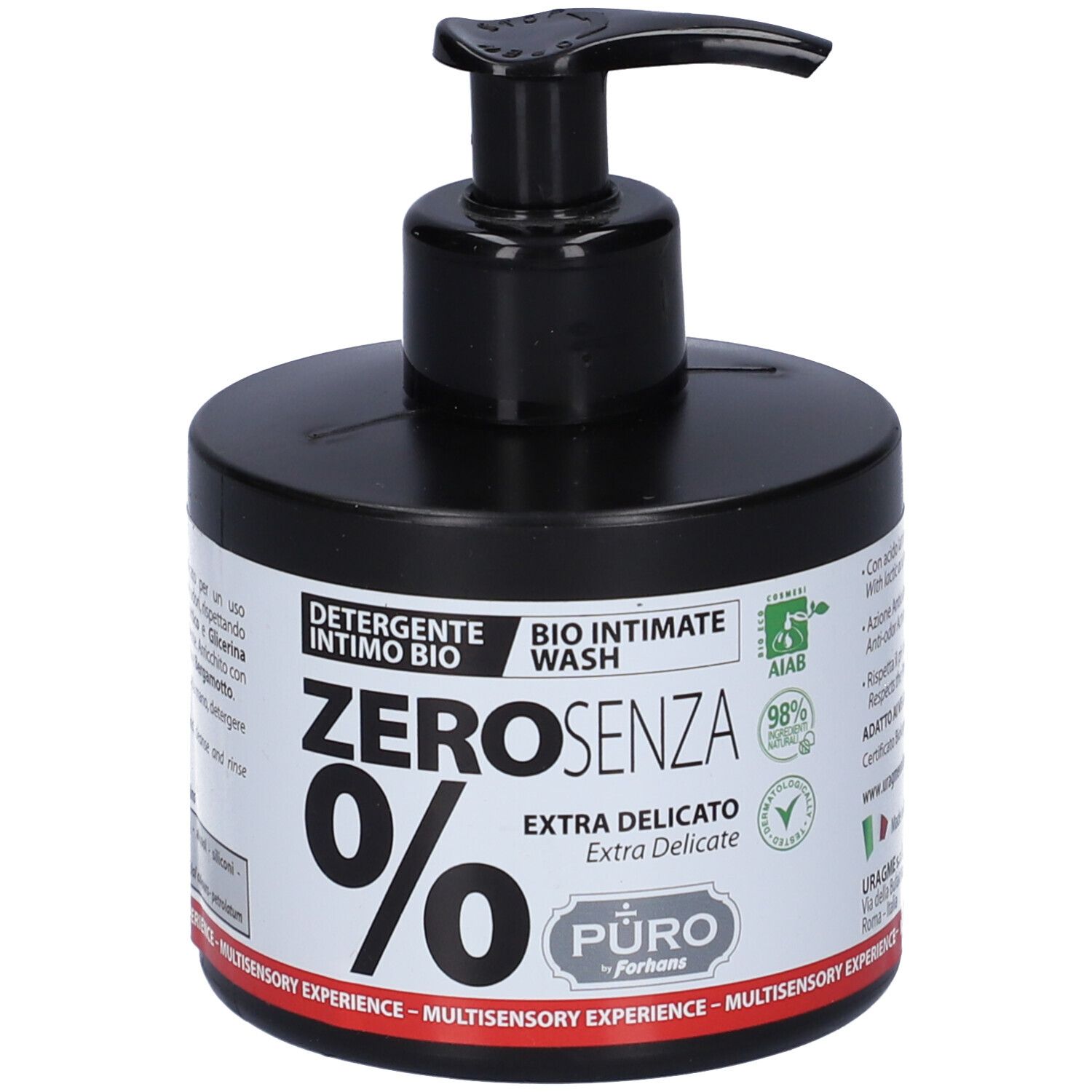 Flacone nero con dosatore. Scritta: ZERO 0%, Extra Delicato. Bio Intimate Wash. Certificazione AIAB.