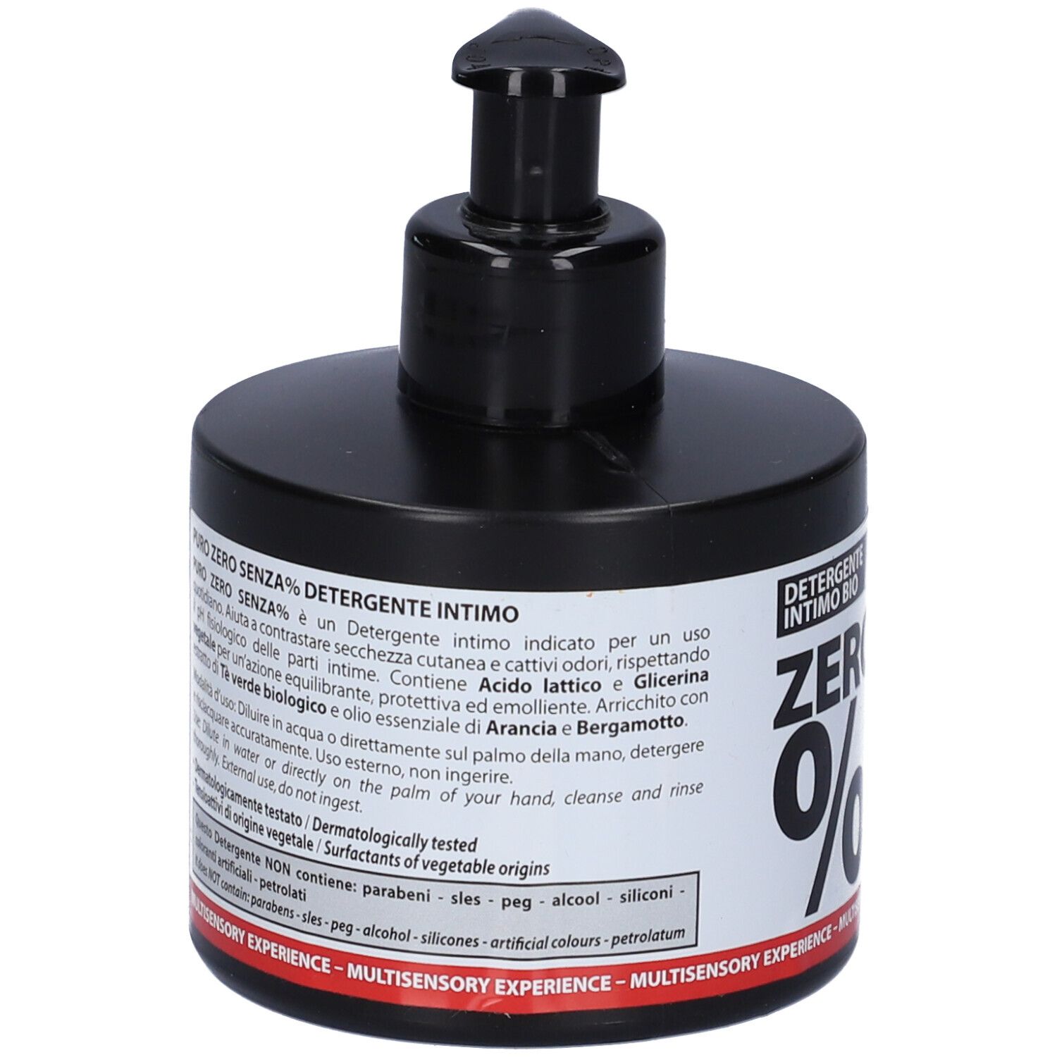 Flacone nero con dosatore. Scritta: ZERO 0%, Extra Delicato. Bio Intimate Wash. Certificazione AIAB.