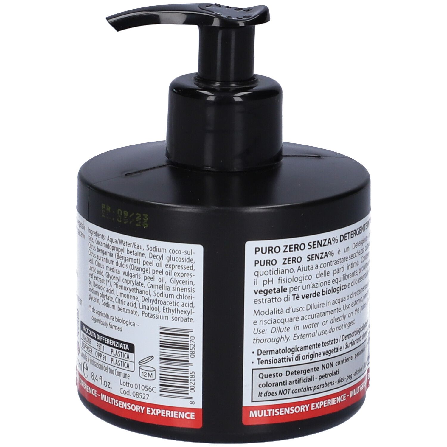 Flacone nero con dosatore. Scritta: ZERO 0%, Extra Delicato. Bio Intimate Wash. Certificazione AIAB.