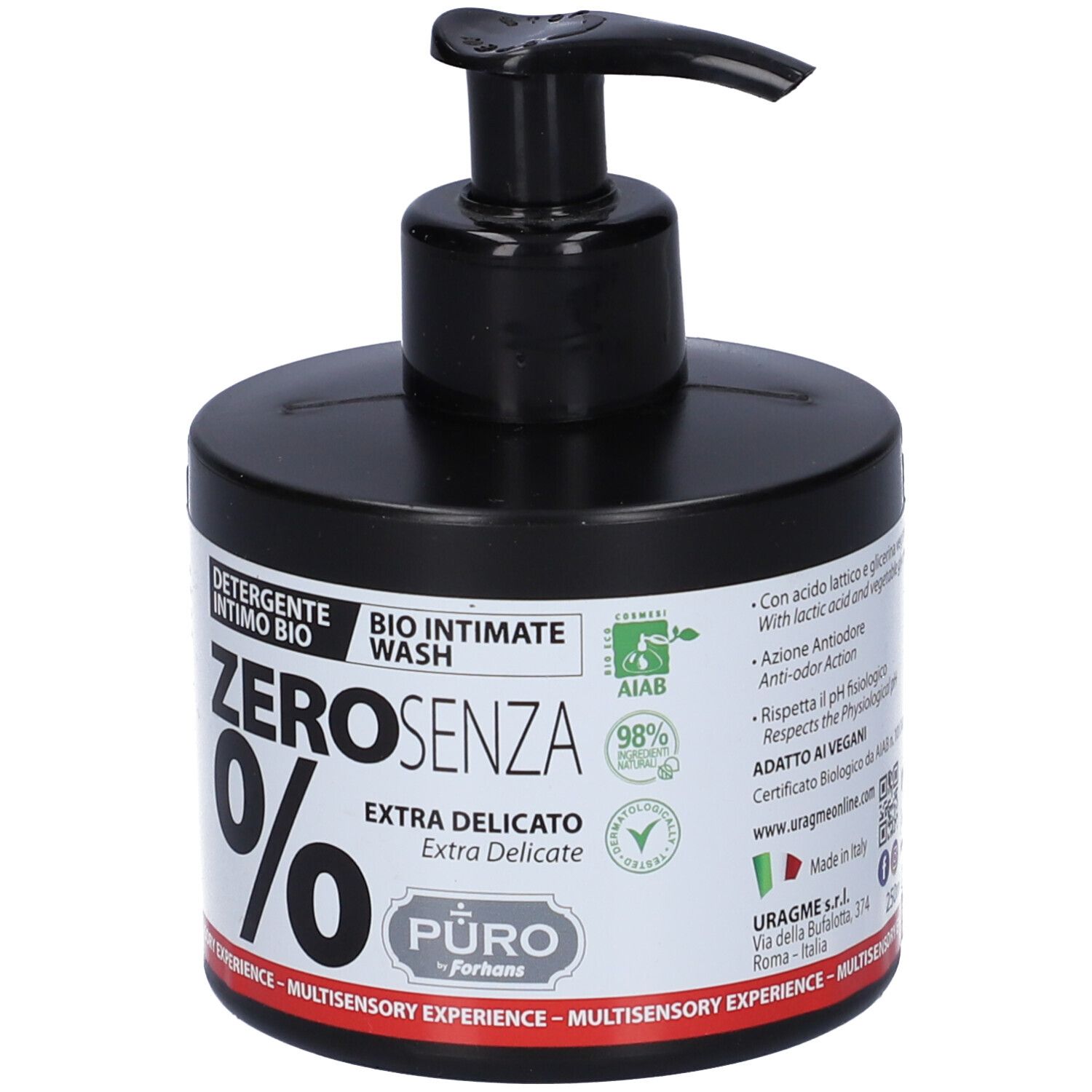 Flacone nero con dosatore. Scritta: ZERO 0%, Extra Delicato. Bio Intimate Wash. Certificazione AIAB.