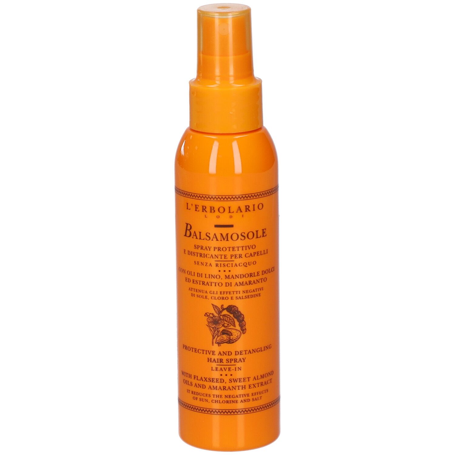 Flacone spray arancione con informazioni prodotto. Testo: L'Erbolario Balsamo Sole, Spray, per capelli.
