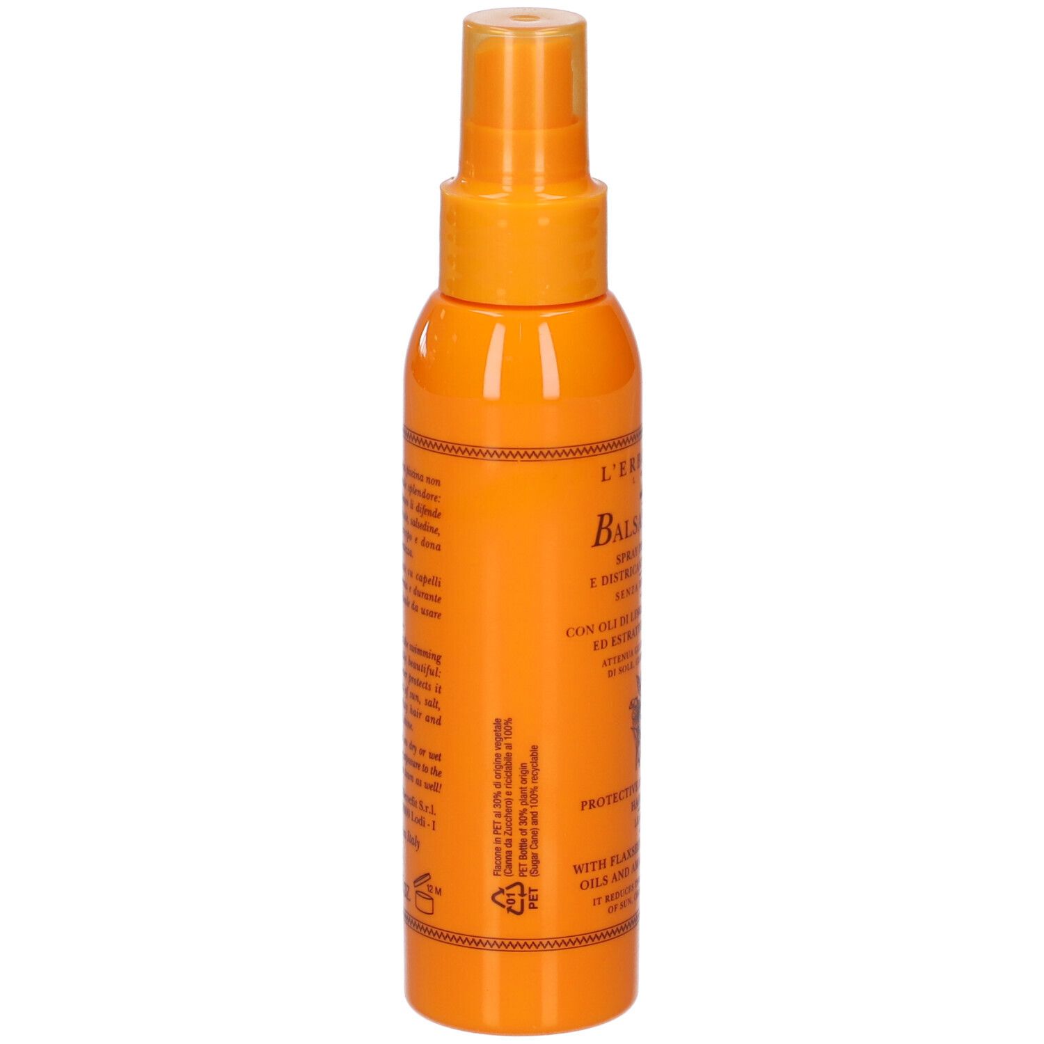 Retro di un flacone spray arancione. Testo: informazioni prodotto, ingredienti, indirizzo produttore.