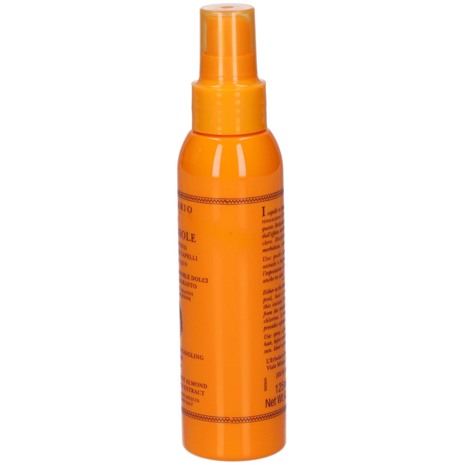 Lato di un flacone spray arancione. Testo: informazioni prodotto, ingredienti, indirizzo produttore.