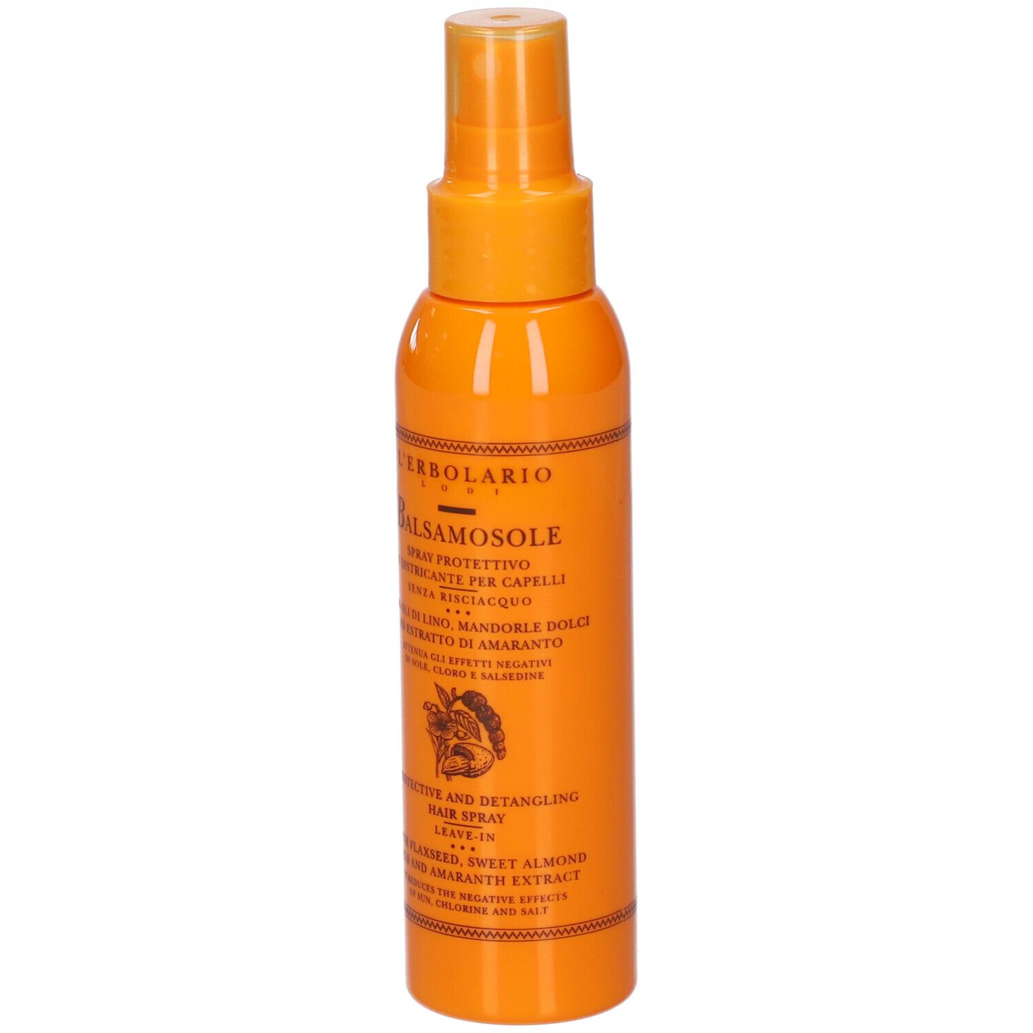 Flacone spray arancione con informazioni prodotto. Testo: L'Erbolario Balsamo Sole, Spray, per capelli.
