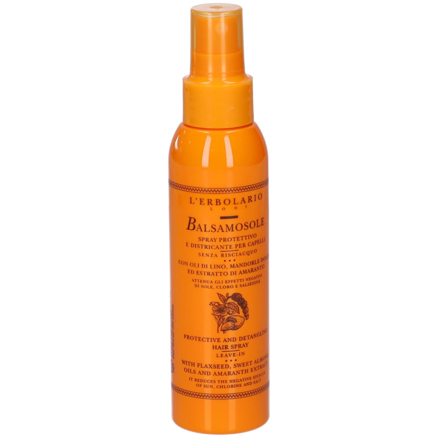 Flacone spray arancione con informazioni prodotto. Testo: L'Erbolario Balsamo Sole, Spray, per capelli.