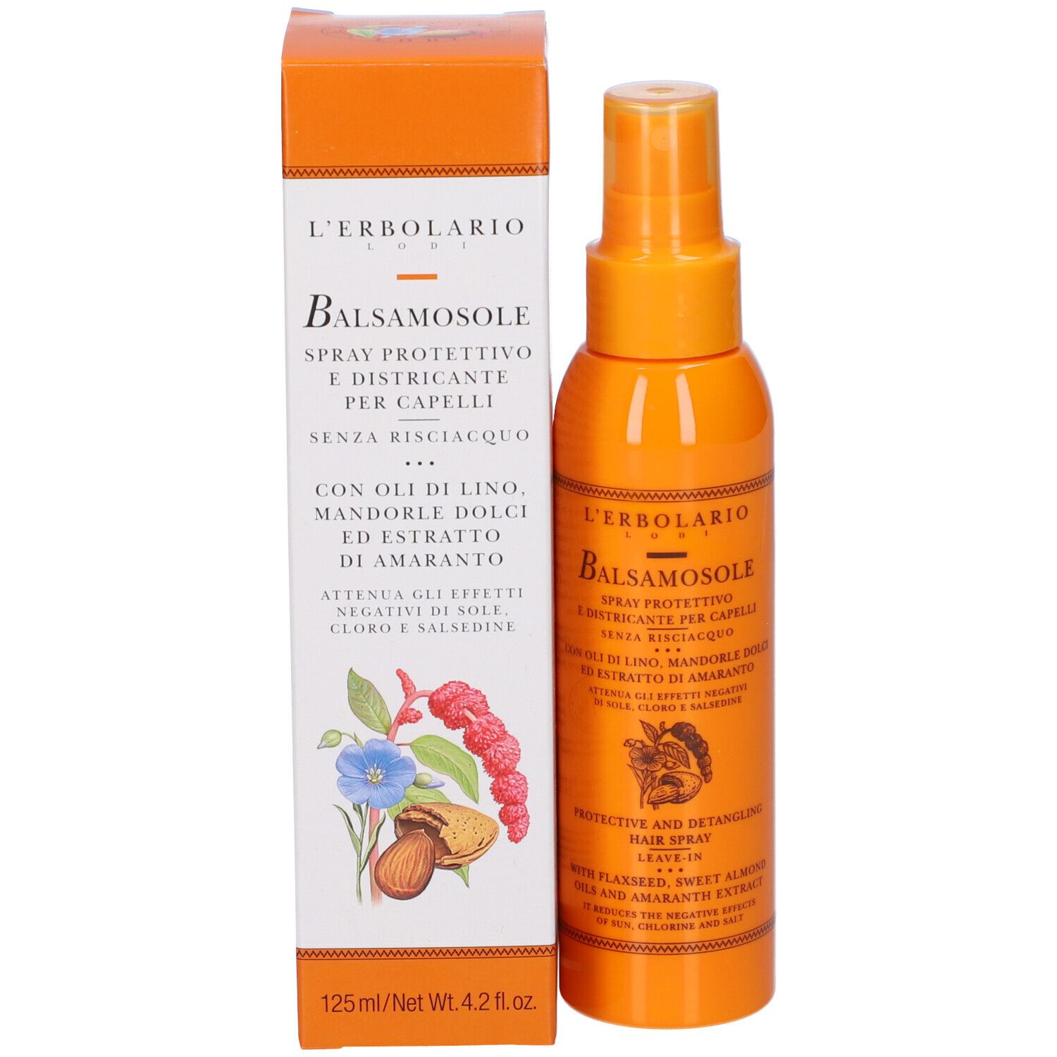 Confezione prodotto: flacone e scatola arancioni. Testo: L'Erbolario Balsamo Sole, Spray, per capelli.