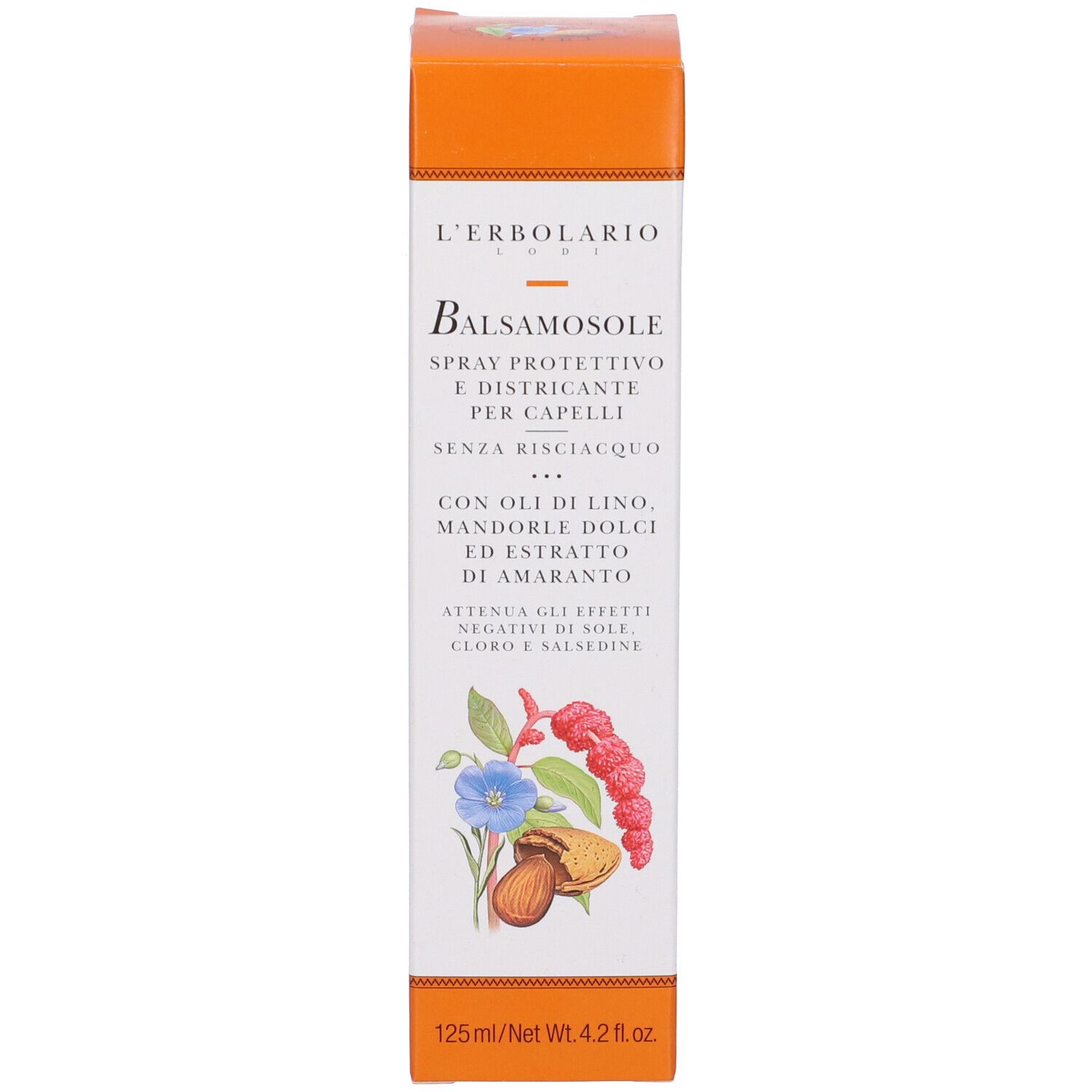 Confezione prodotto: scatola arancione. Testo: L'Erbolario Balsamo Sole, Spray, per capelli.