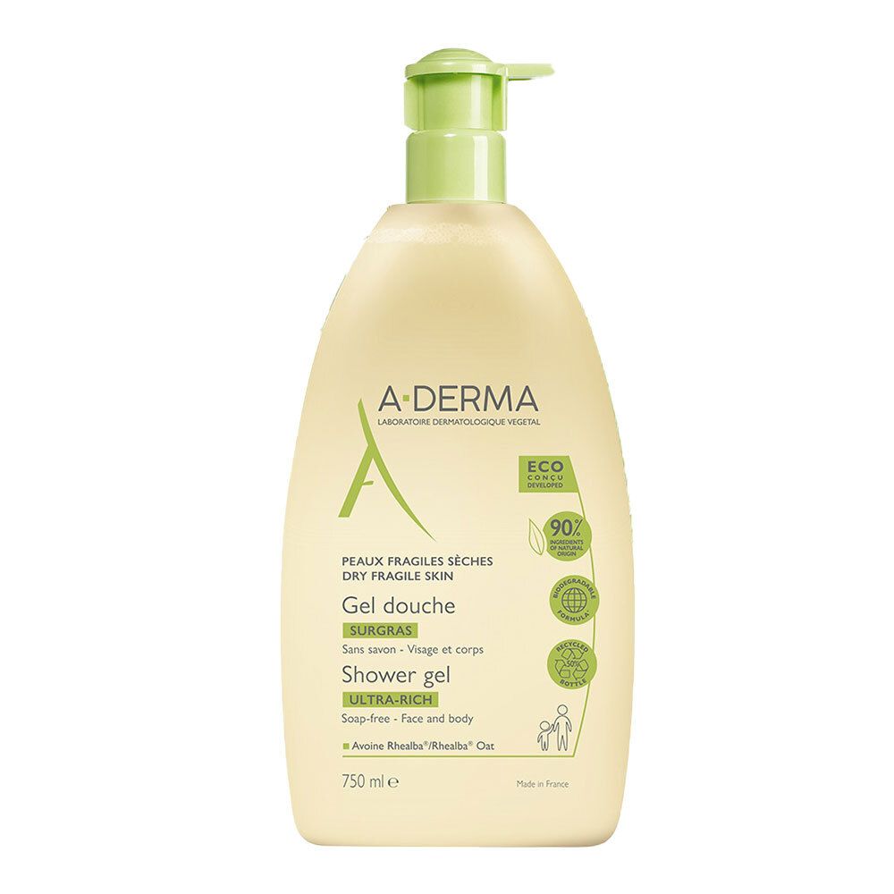 Flacone di A-DERMA Gel Doccia Surgras. Liquido bianco-giallo, erogatore verde. Testo: Gel Douche, Ultra-Rich, 750 ml.