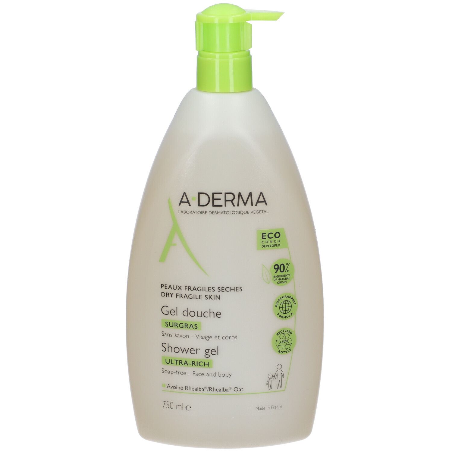 Flacone di A-DERMA Gel Doccia Surgras. Contenitore bianco, erogatore verde. Testo: Gel Douche, Ultra-Rich, 750 ml.