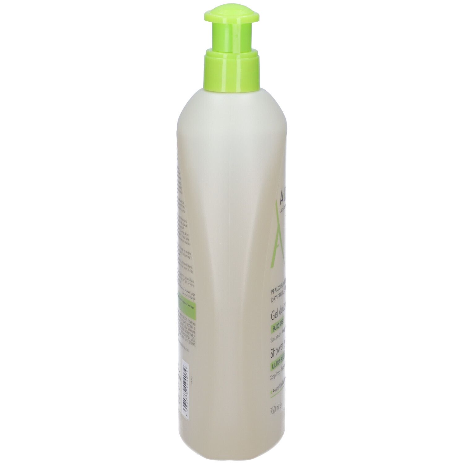 Vista laterale del flacone di A-DERMA Gel Doccia Surgras. Contenitore bianco, erogatore verde. Testo: Gel Douche, 750 ml.