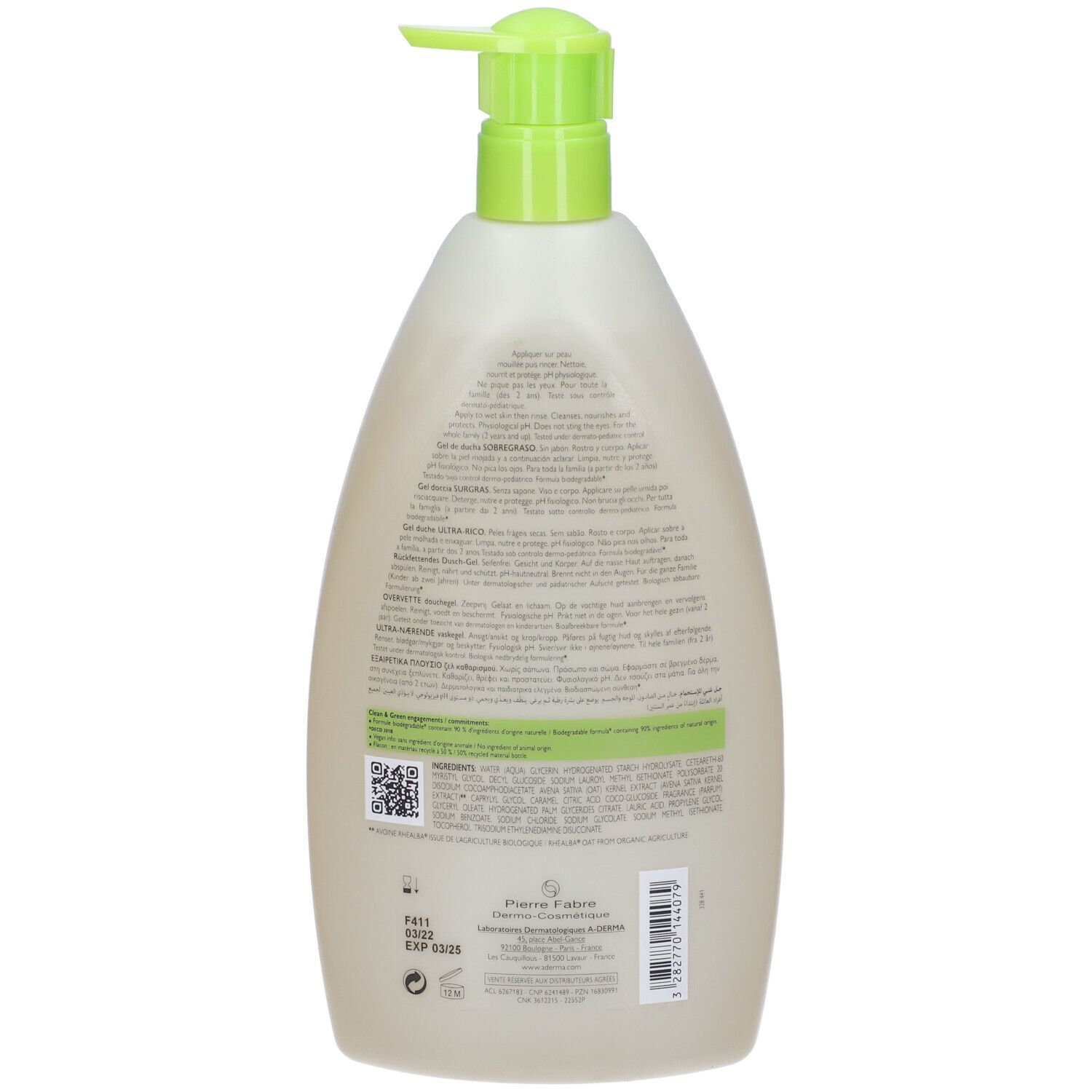 Retro del flacone di A-DERMA Gel Doccia Surgras. Testo e loghi su sfondo bianco. Codice QR e ingredienti.