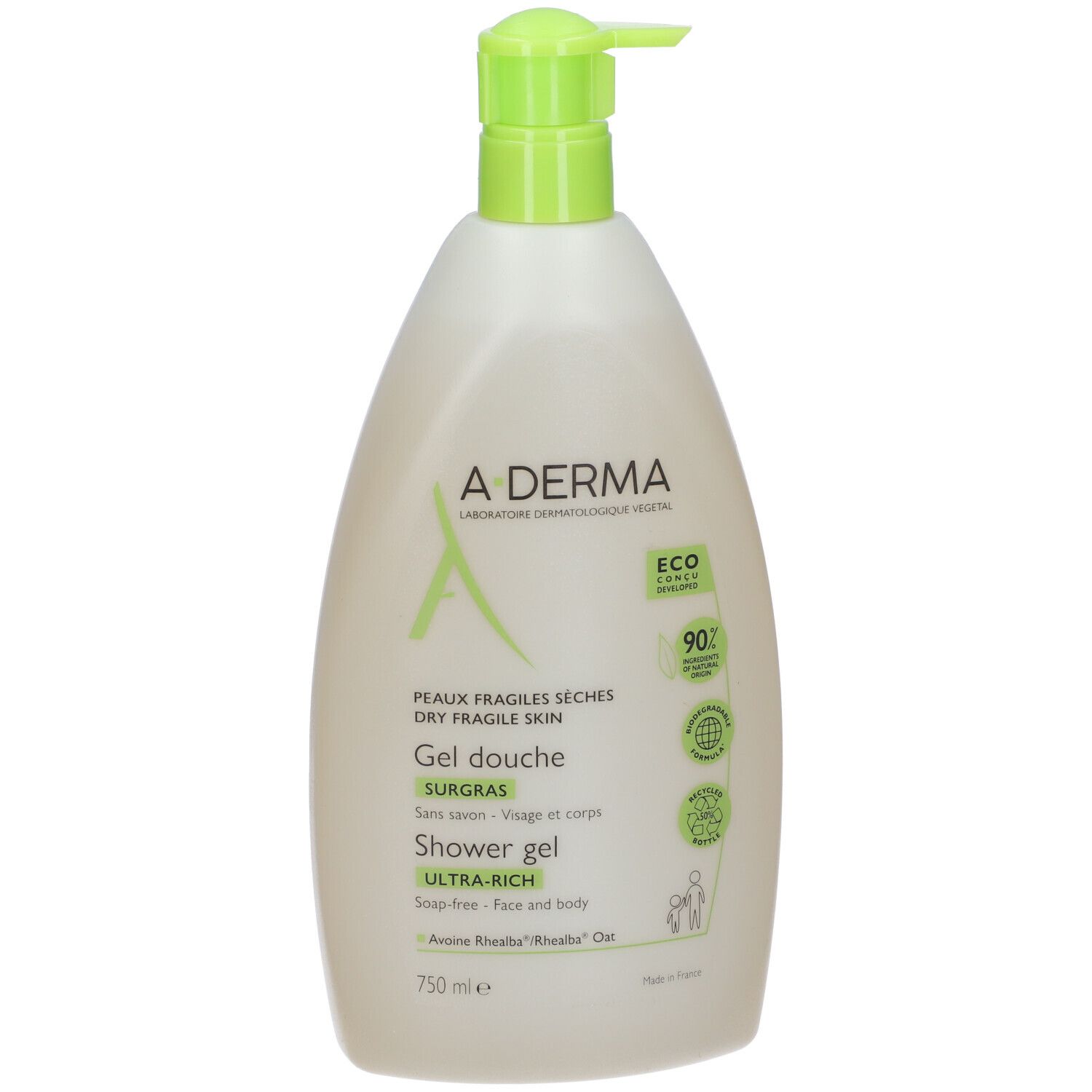 Flacone di A-DERMA Gel Doccia Surgras. Contenitore bianco, erogatore verde. Testo: Gel Douche, Ultra-Rich, 750 ml.