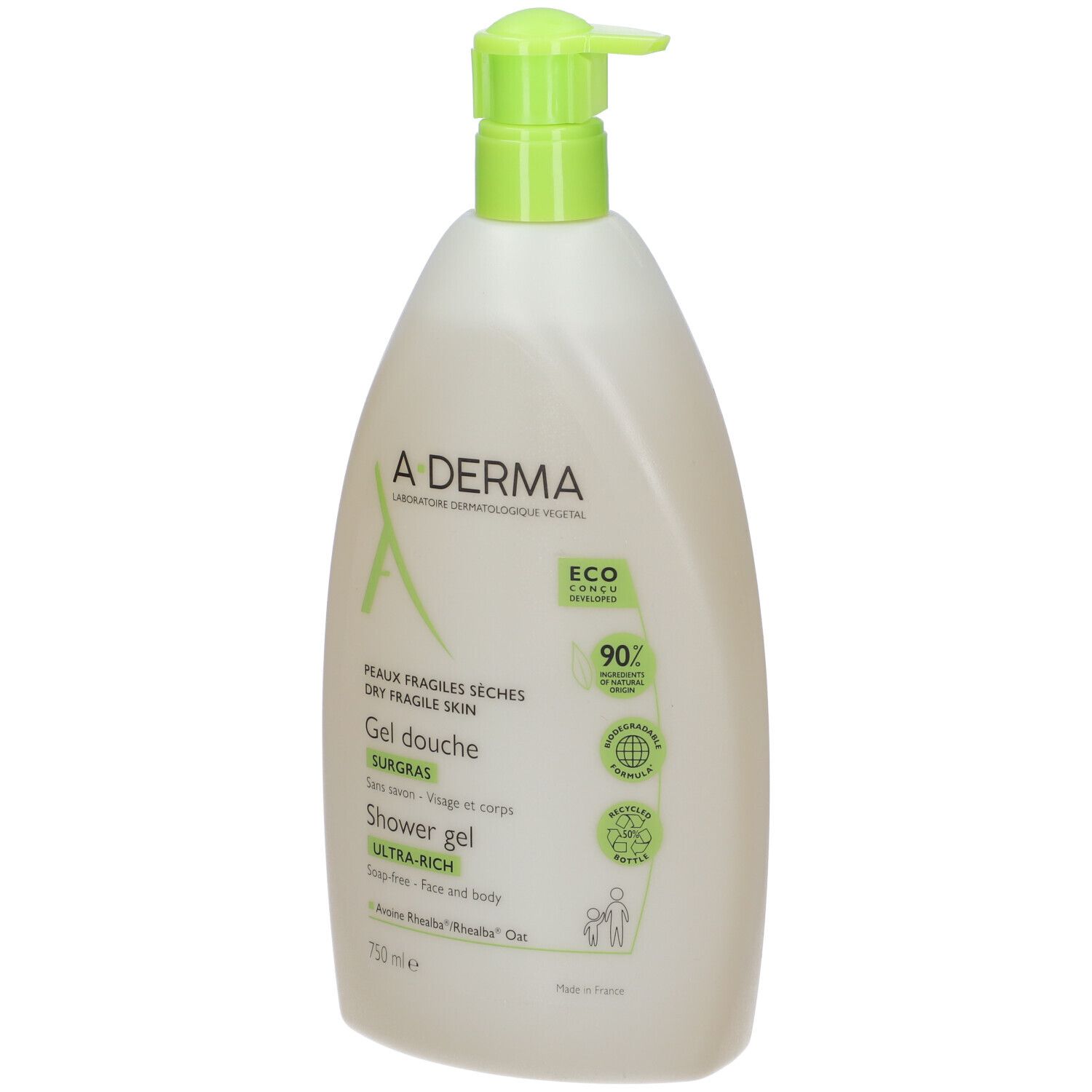 Flacone di A-DERMA Gel Doccia Surgras. Contenitore bianco, erogatore verde. Testo: Gel Douche, Ultra-Rich, 750 ml.