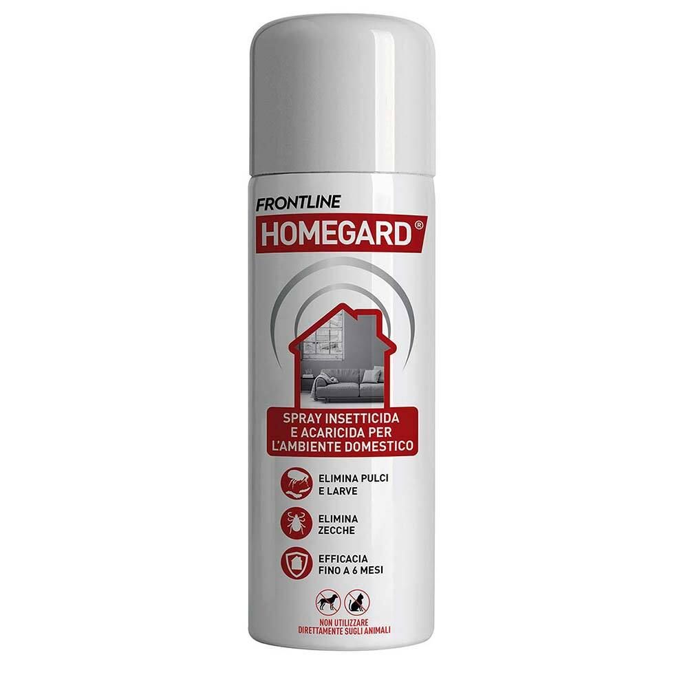 Spray bianco Frontline Homegard. Scritta rossa HOMEGARD. Testo: Spray Insetticida e Acaricida Per L'ambiente Domestico. Elimina pulci e larve. Elimina zecche. Efficacia fino a 6 mesi.