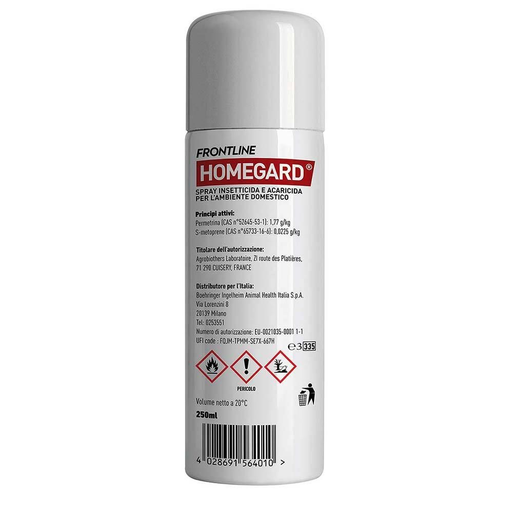 Retro dello spray. Testo: Frontline Homegard. Ingredienti, informazioni produttore, simboli di pericolo, volume 250ml. Simbolo di riciclaggio.