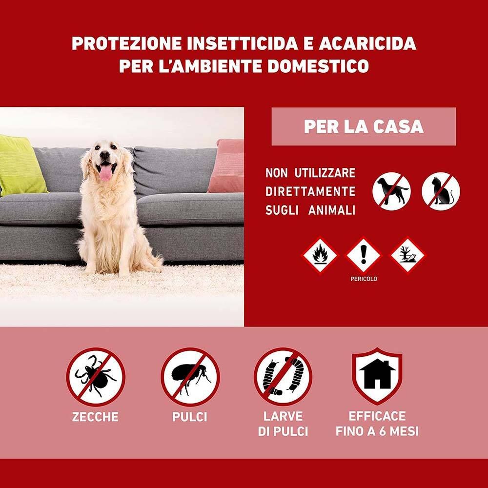 Infografica rossa. Testo: Protezione Insetticida e Acaricida Per L'ambiente Domestico. Cane su divano. Simboli: Non per animali, pericoli, zecche, pulci, larve, casa.