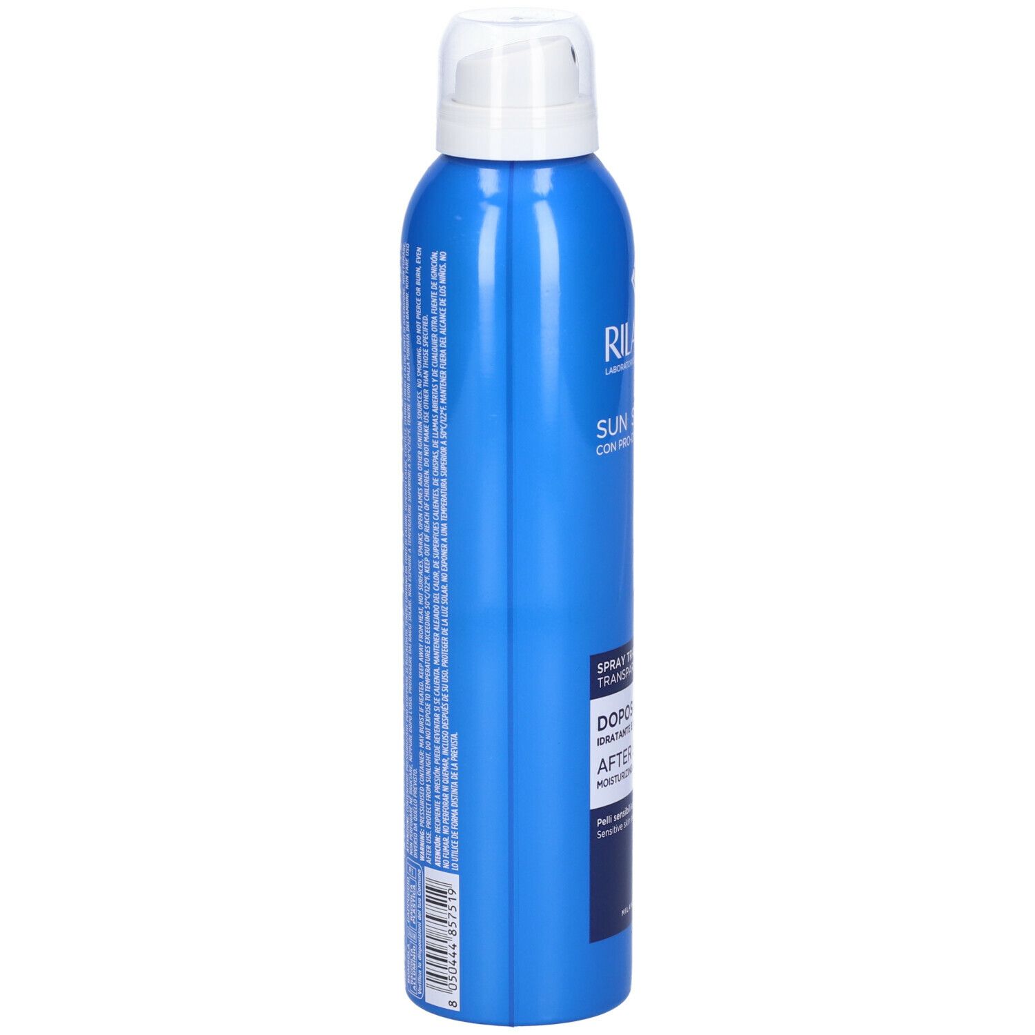 Flacone spray blu con erogatore bianco. Testo sul lato. Rilastil Sun System, Doposole After Sun. Spray trasparente.
