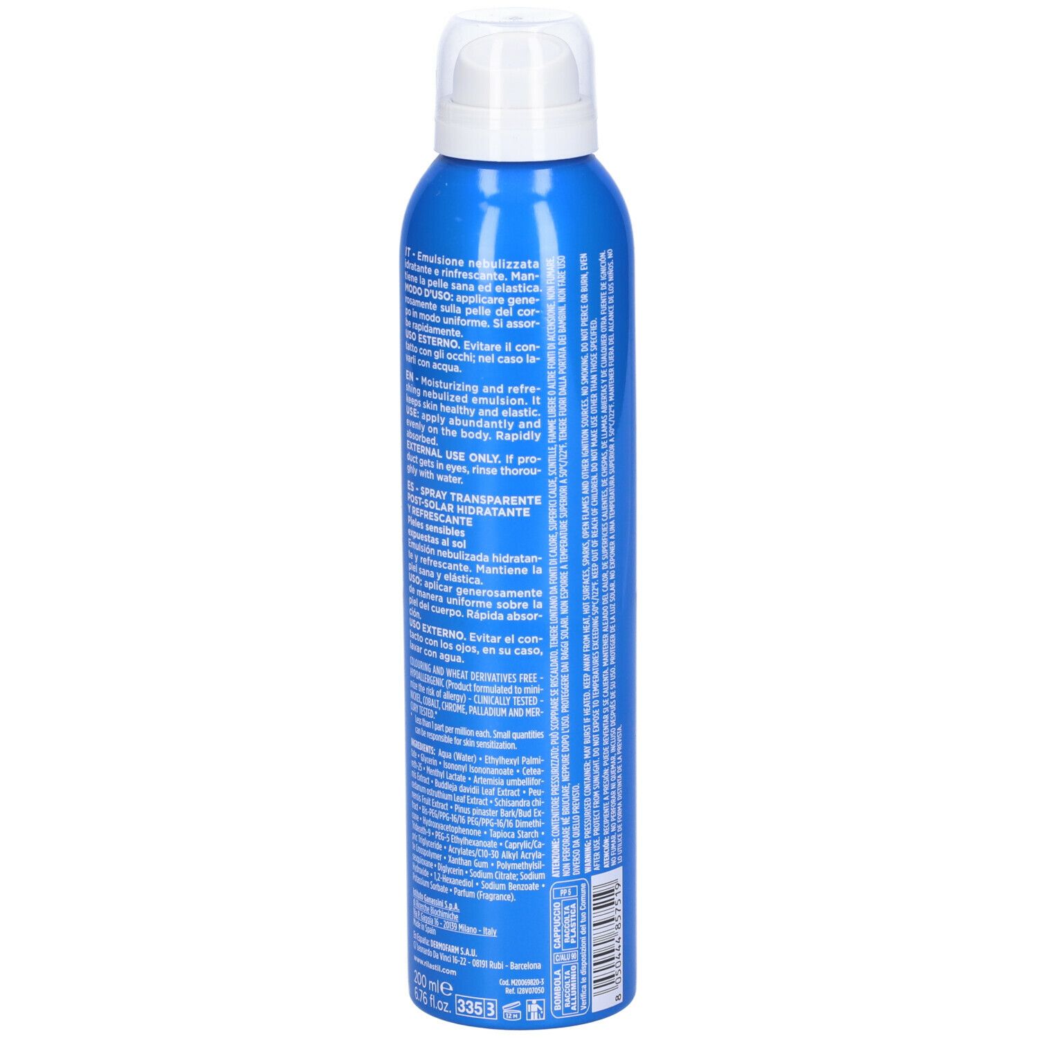 Flacone spray blu con erogatore bianco. Testo sul lato. Rilastil Sun System, Doposole After Sun. Spray trasparente.