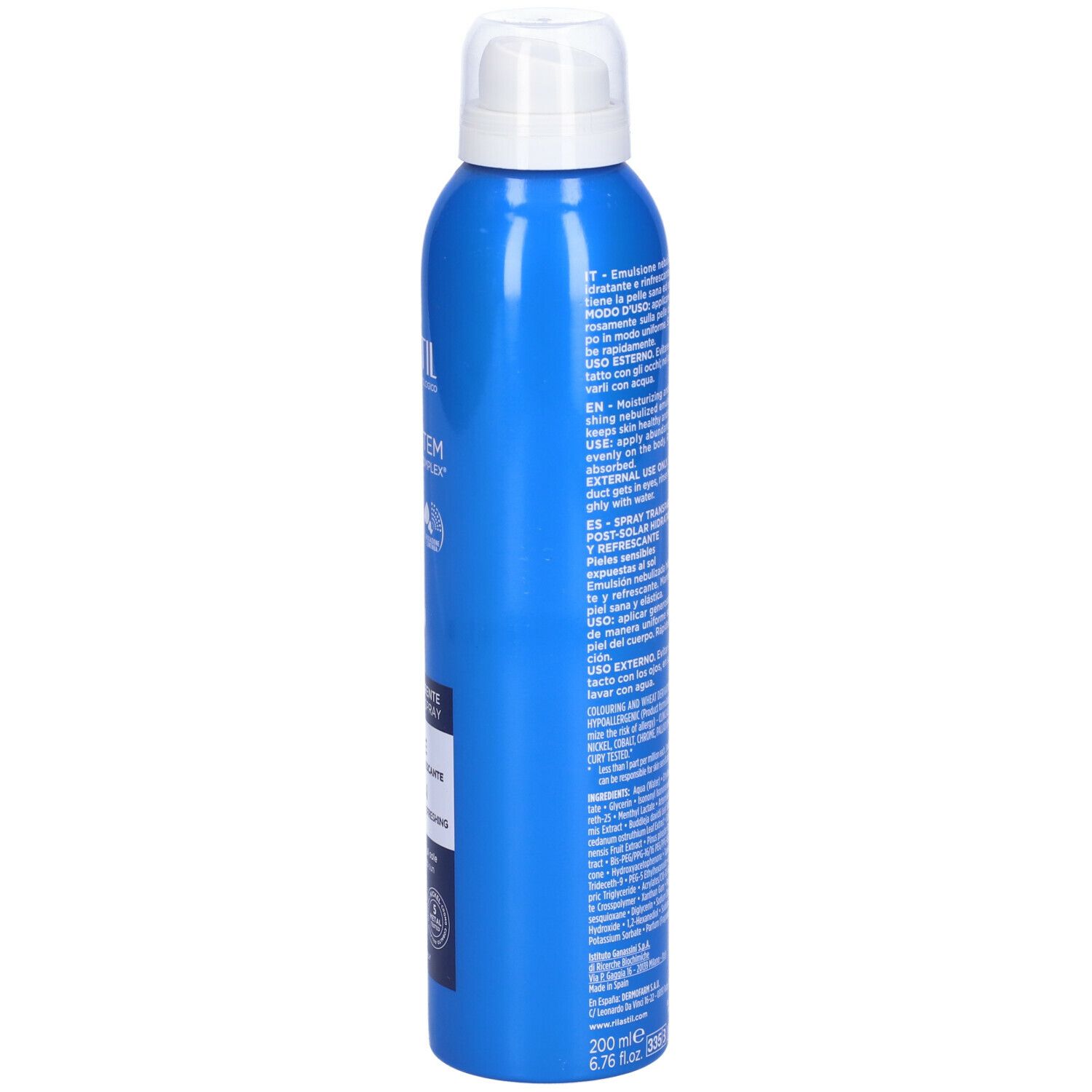 Flacone spray blu con erogatore bianco. Testo sul lato. Rilastil Sun System, Doposole After Sun. Spray trasparente.