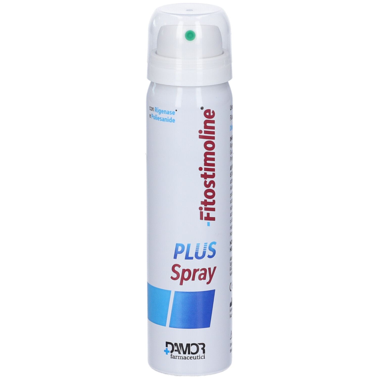 Spray bianco con erogatore verde. Scritta: Fitostimoline PLUS Spray. Accenti blu. Logo DAMOR.