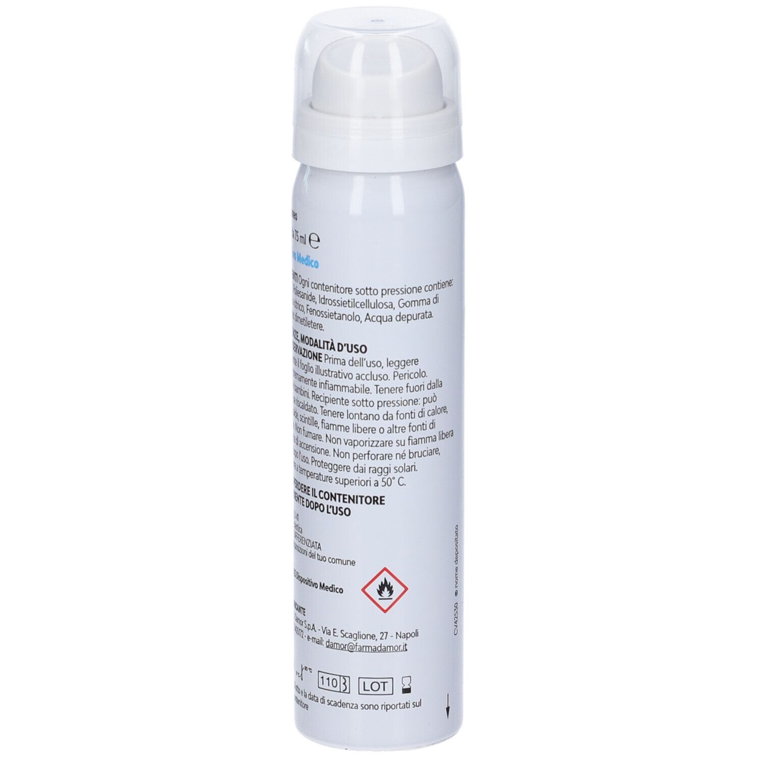 Spray bianco con erogatore verde. Scritta: Fitostimoline PLUS Spray. Accenti blu. Logo DAMOR.