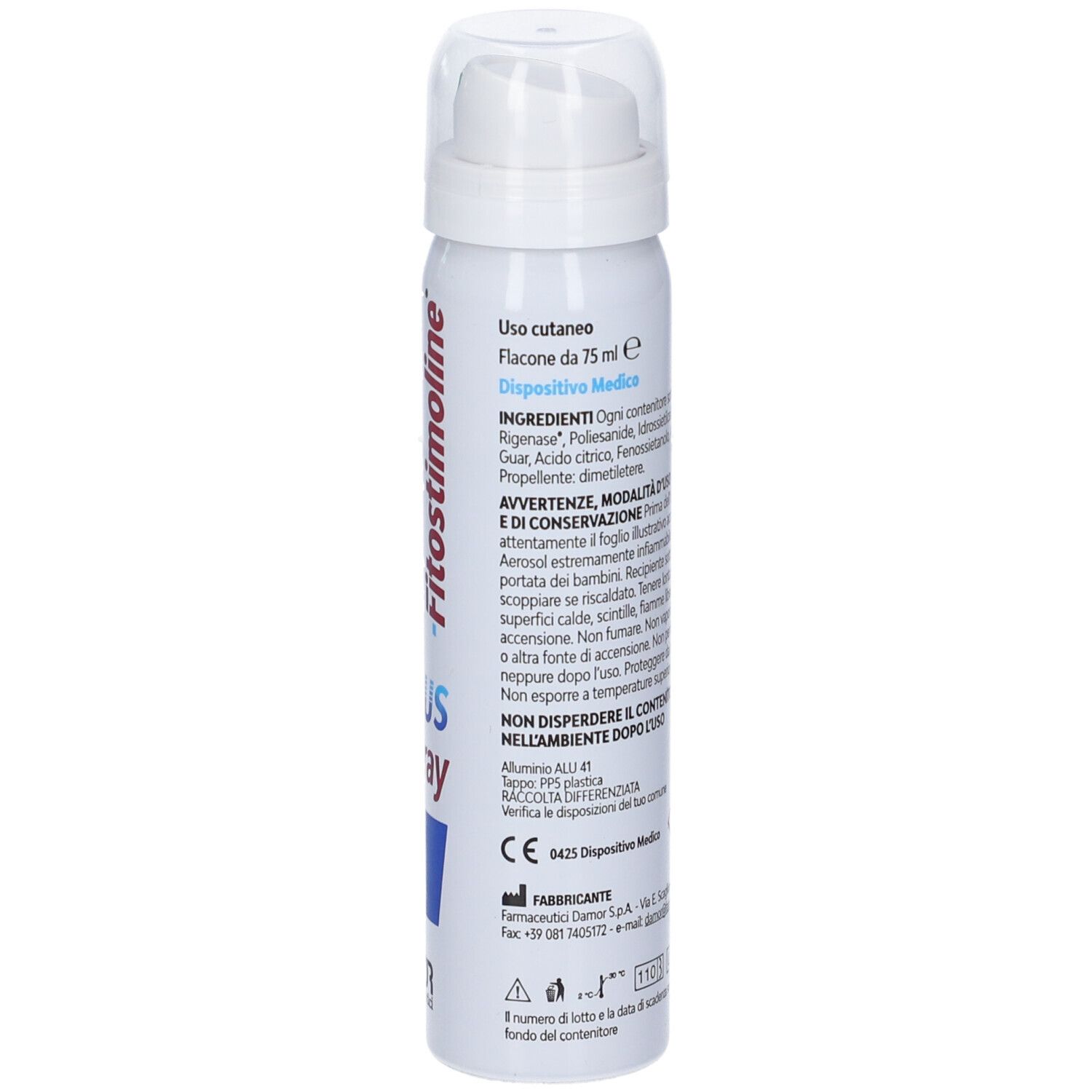 Spray bianco con erogatore verde. Scritta: Fitostimoline PLUS Spray. Accenti blu. Logo DAMOR.