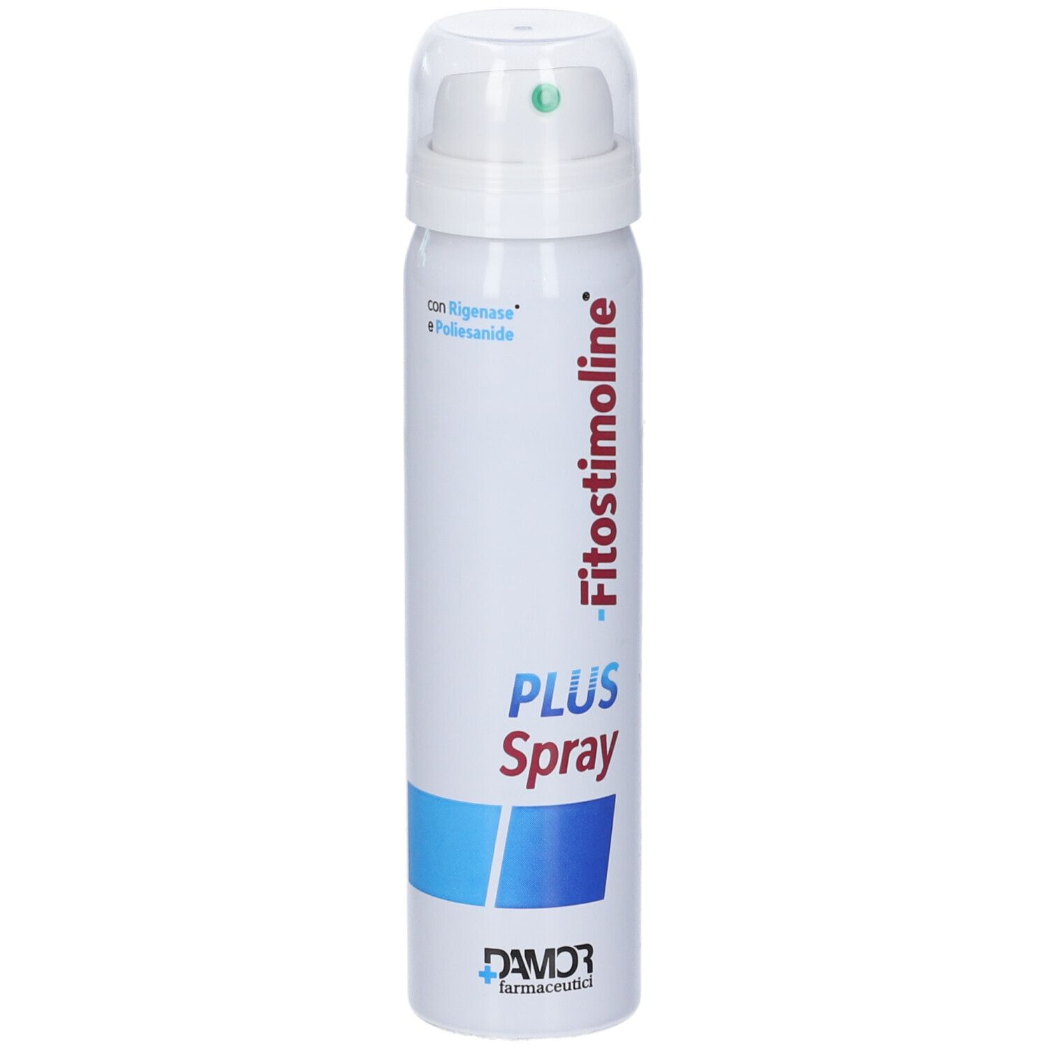 Spray bianco con erogatore verde. Scritta: Fitostimoline PLUS Spray. Accenti blu. Logo DAMOR.