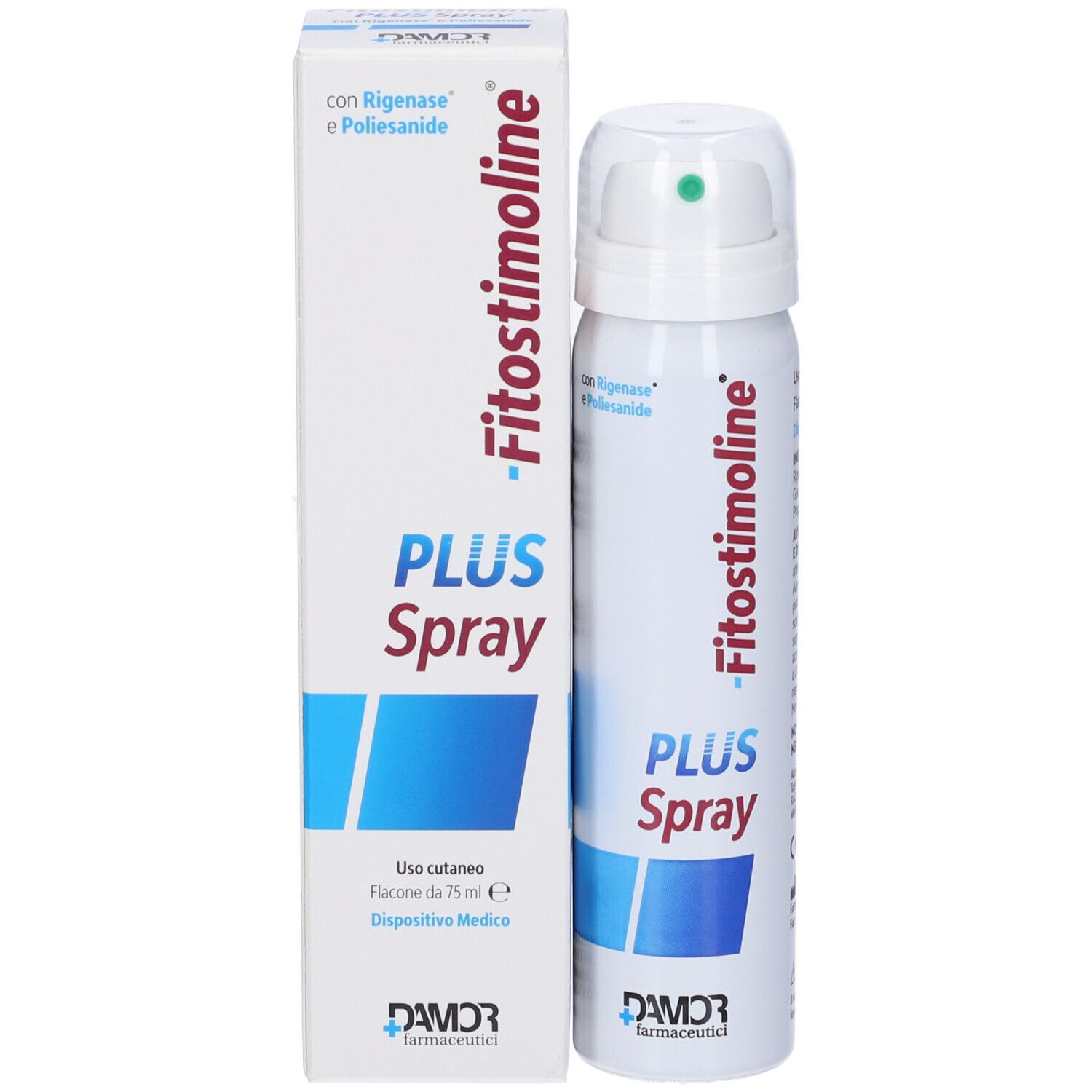 Confezione prodotto: spray e scatola. Scritta: Fitostimoline PLUS Spray. Logo DAMOR.