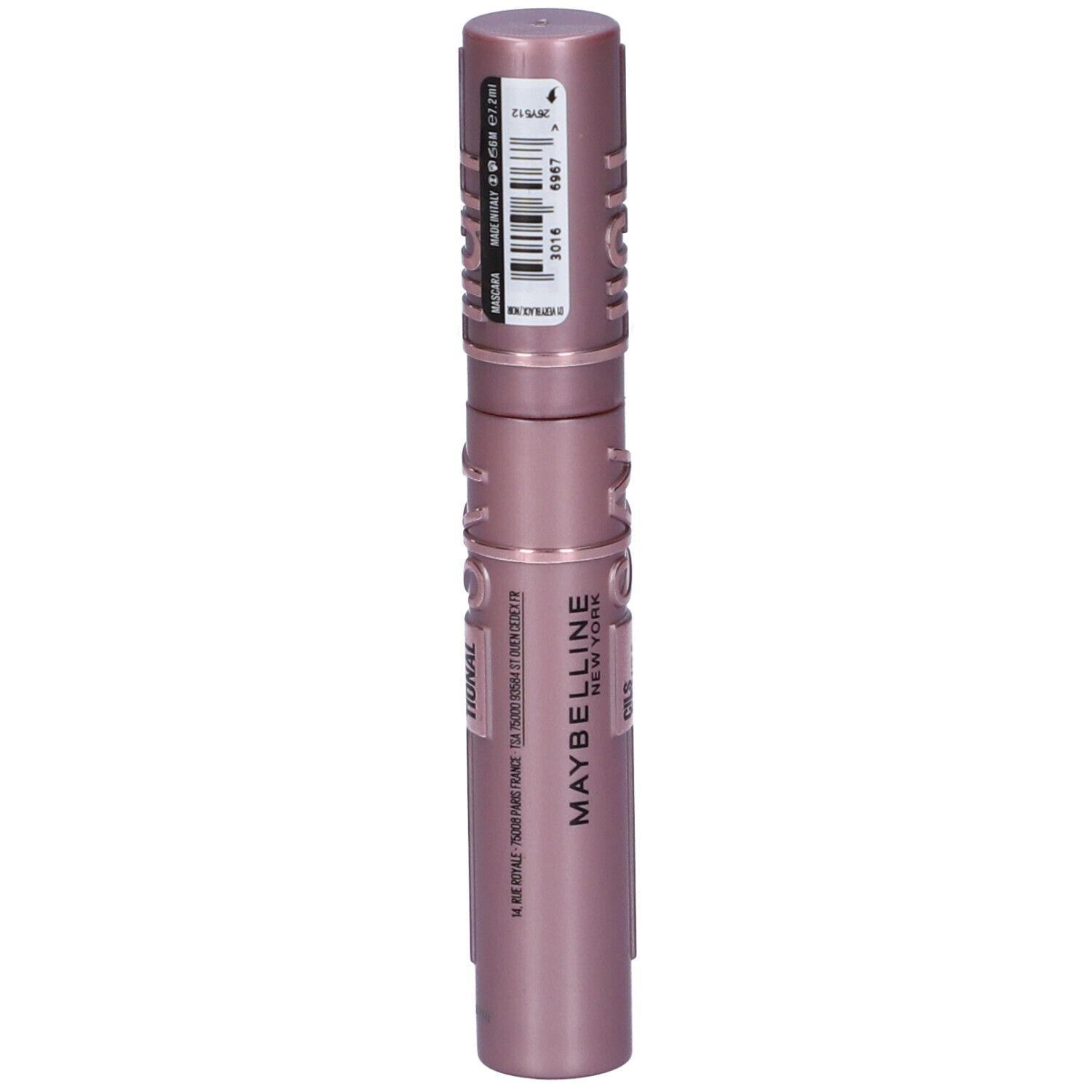 Tubo di mascara rosa. Codice a barre e informazioni sul prodotto. Scritta SKY HIGH, CILS SENSATIONAL. Marchio Maybelline New York.