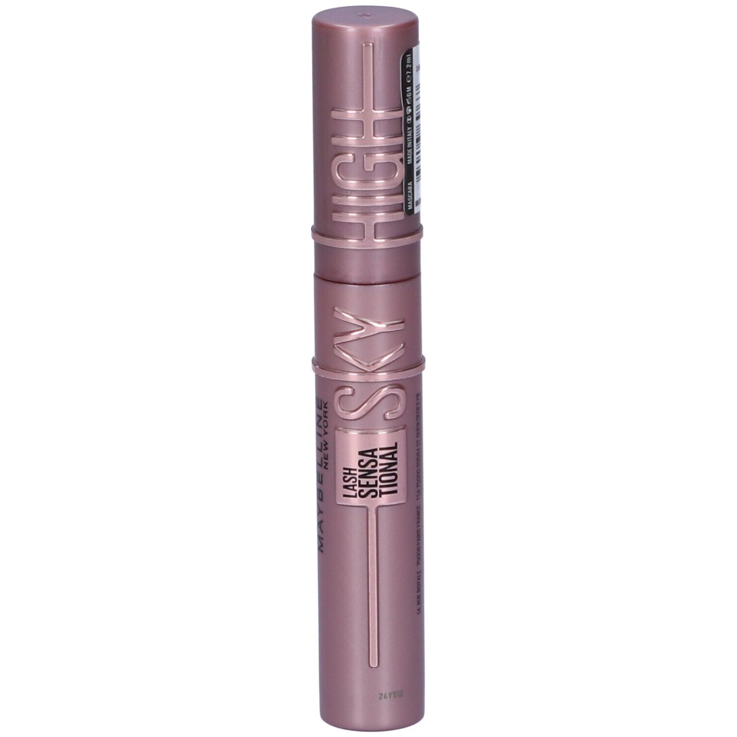 Tubo di mascara rosa. Scritta SKY HIGH, CILS SENSATIONAL. Marchio Maybelline New York.