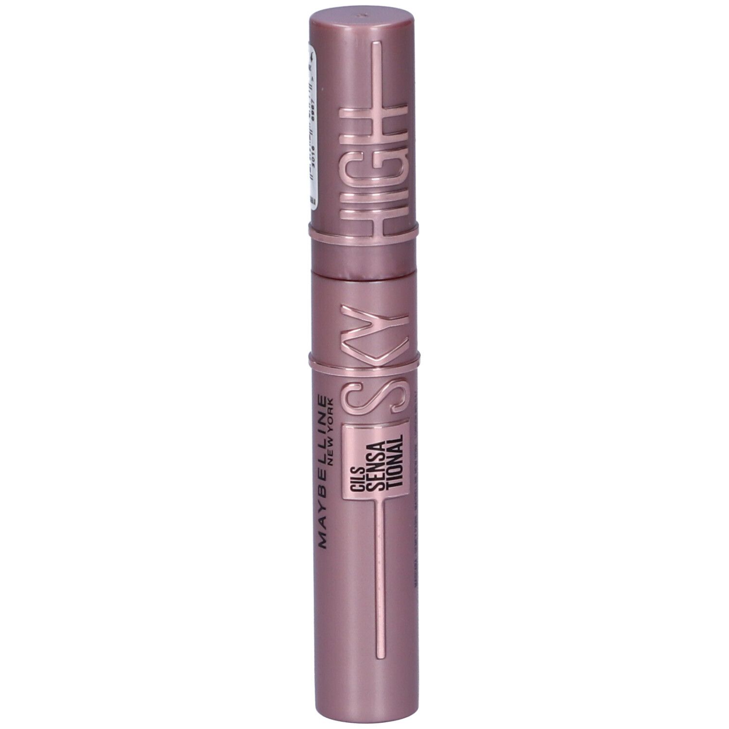 Tubo di mascara rosa. Scritta SKY HIGH, CILS SENSATIONAL. Marchio Maybelline New York.