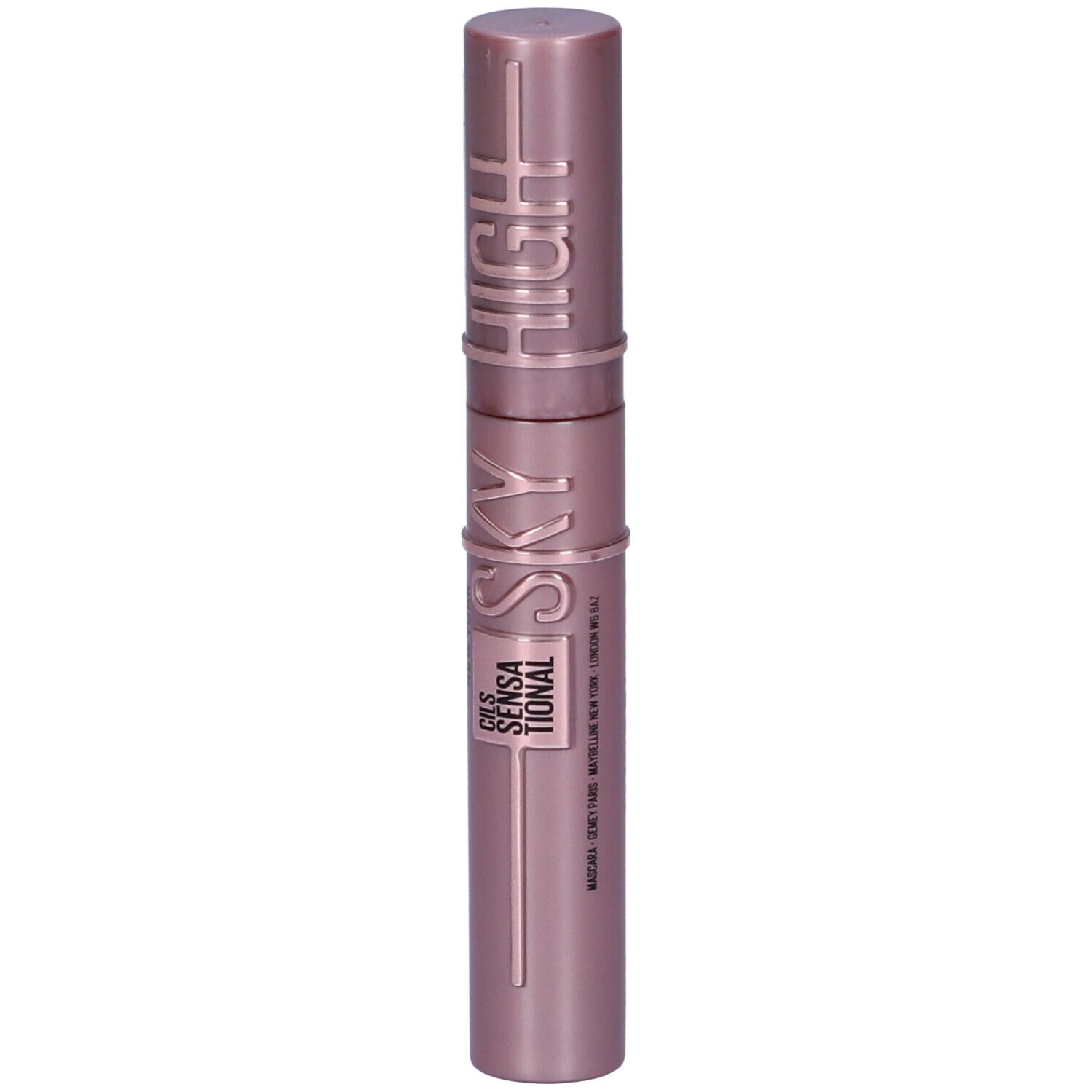 Tubo di mascara rosa. Scritta SKY HIGH, CILS SENSATIONAL. Marchio Maybelline New York.