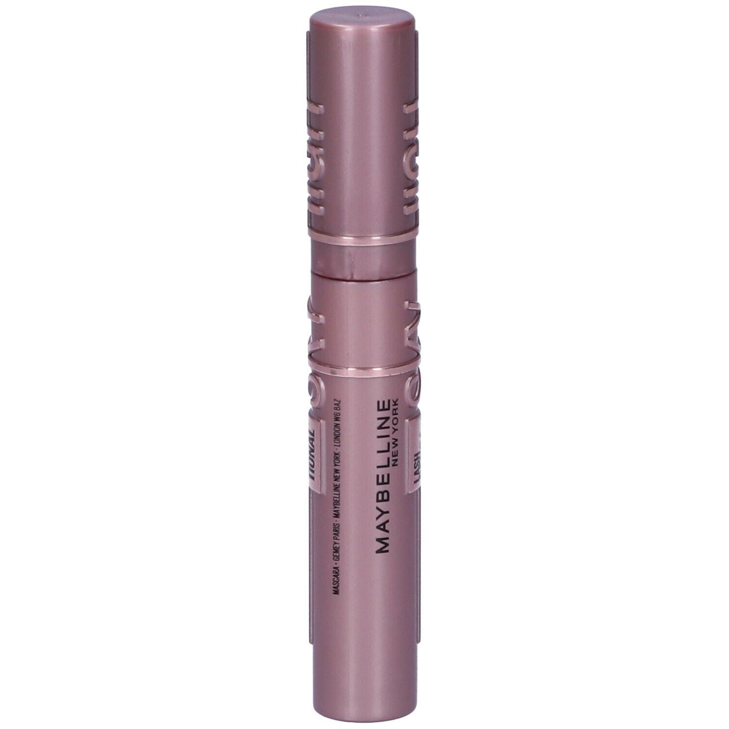 Tubo di mascara rosa. Scritta SKY HIGH, CILS SENSATIONAL. Marchio Maybelline New York.
