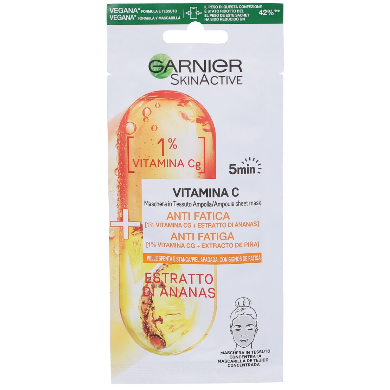 Garnier Maschera in Tessuto Ampolla Anti-Fatica Illuminante, Per Pelli Spente e Stanche, Estratto di Ananas e Vitamina C