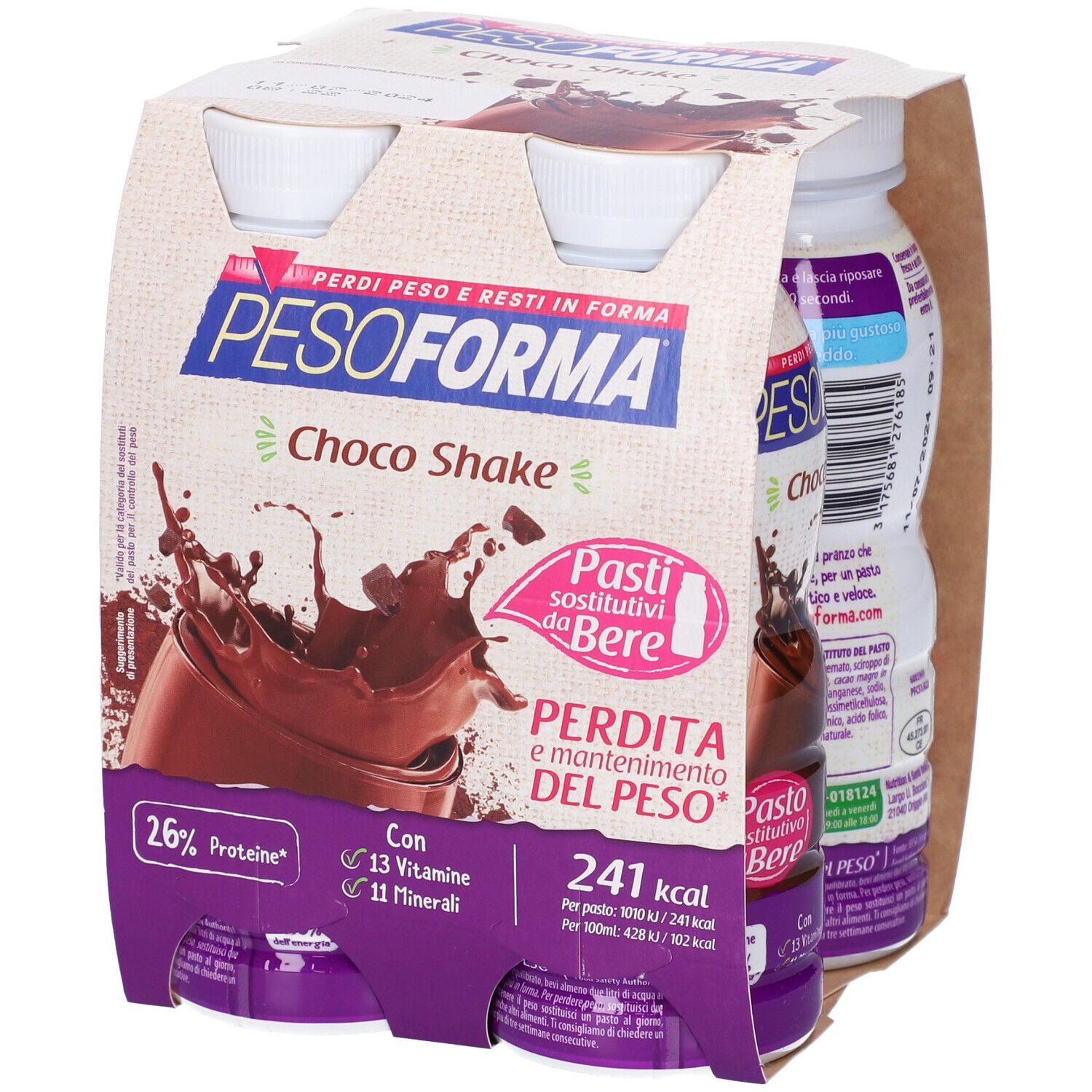 Confezione di bevande Pesoforma Choco Shake. Sei bottiglie in confezione di cartone. Stampe con informazioni sul prodotto e logo.