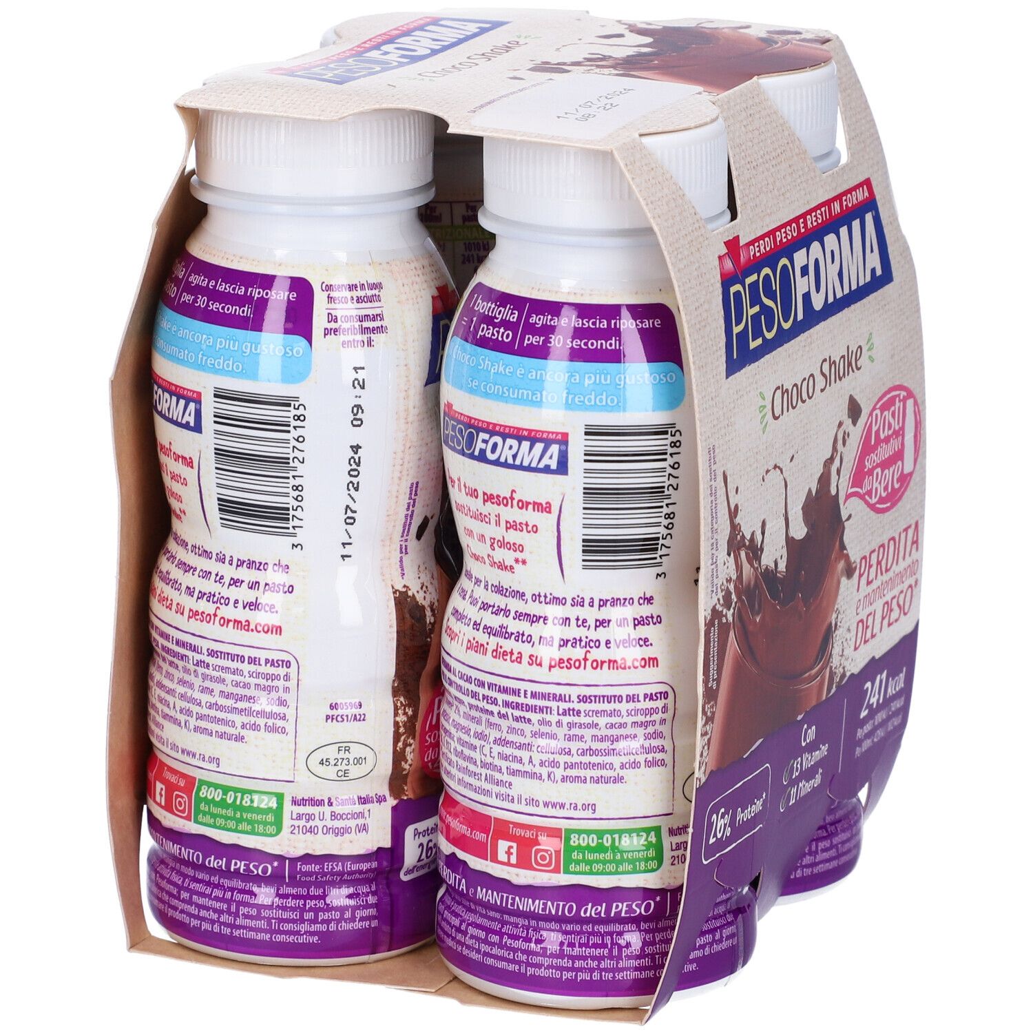 Retro delle bottiglie Pesoforma Choco Shake in confezione di cartone. Etichette con informazioni sul prodotto, codice a barre e data di scadenza.