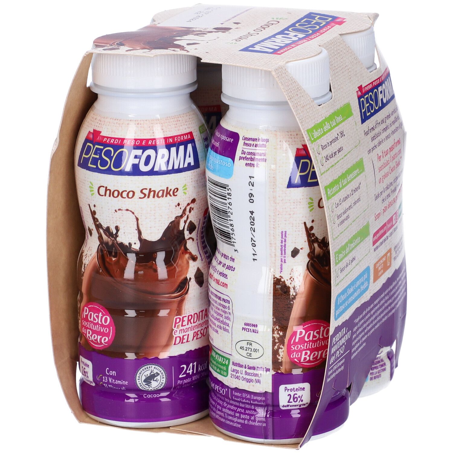 Bottiglie Pesoforma Choco Shake in confezione di cartone. Fronte con logo, nome prodotto e informazioni. Data di scadenza.