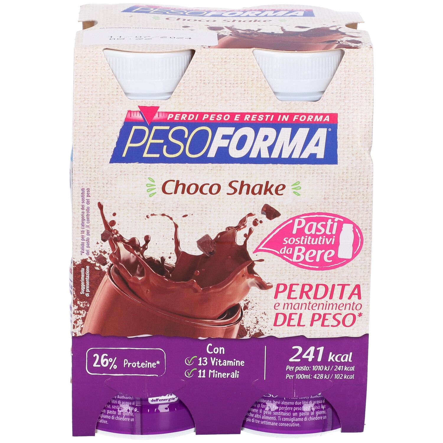 Confezione di bevande Pesoforma Choco Shake. Sei bottiglie in confezione di cartone. Stampe con informazioni sul prodotto e logo.