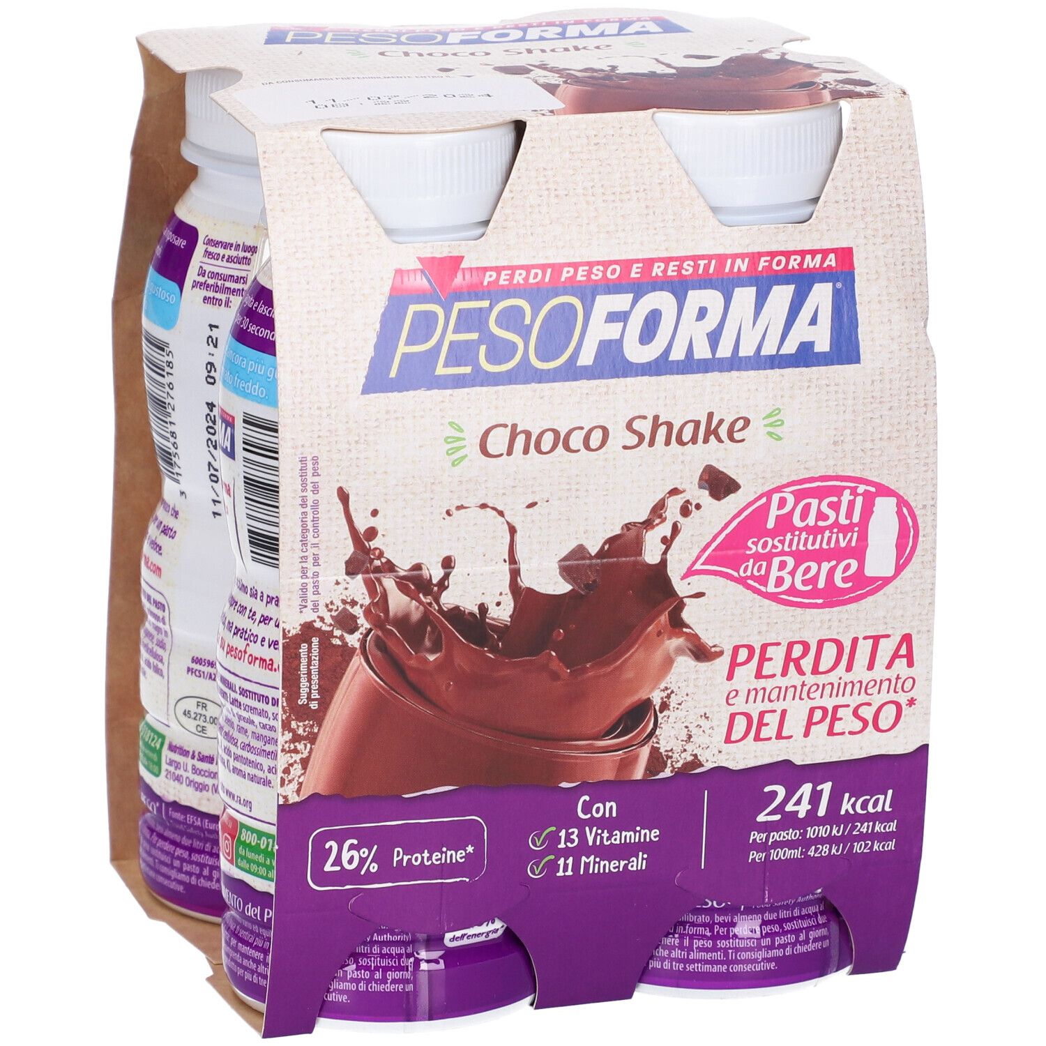 Confezione di bevande Pesoforma Choco Shake. Sei bottiglie in confezione di cartone. Stampe con informazioni sul prodotto e logo.