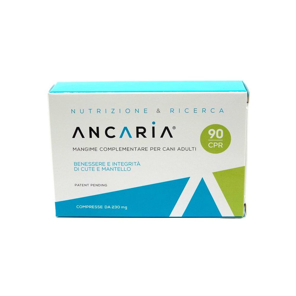 Scatola di Ancaria, 90 compresse. Scritta: Nutrizione & Ricerca, Mangime Complementare per cani adulti. Scatola verde e bianca.