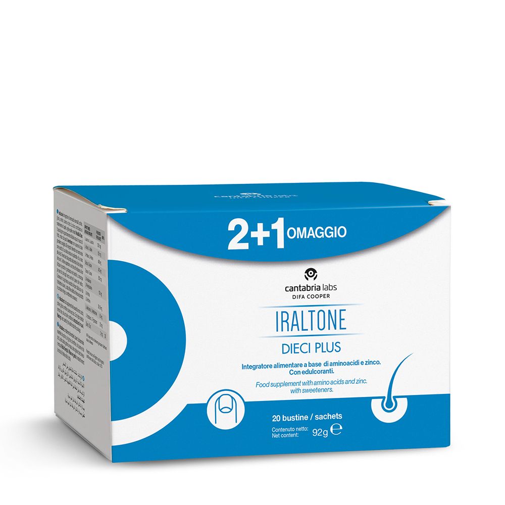 Scatola del prodotto con stampa. Confezione blu e bianca con nome e logo del prodotto. Contiene 20 bustine.