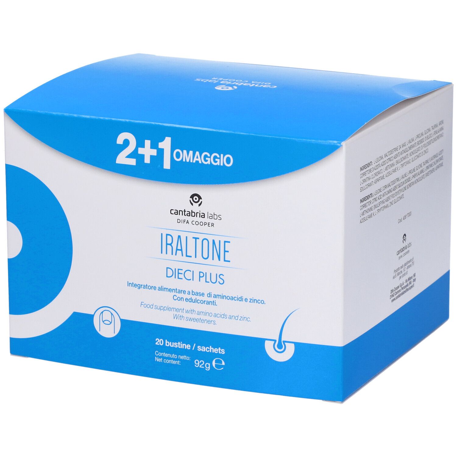 Confezione del prodotto con nome e logo. Confezione blu e bianca con stampa 2+1 omaggio.