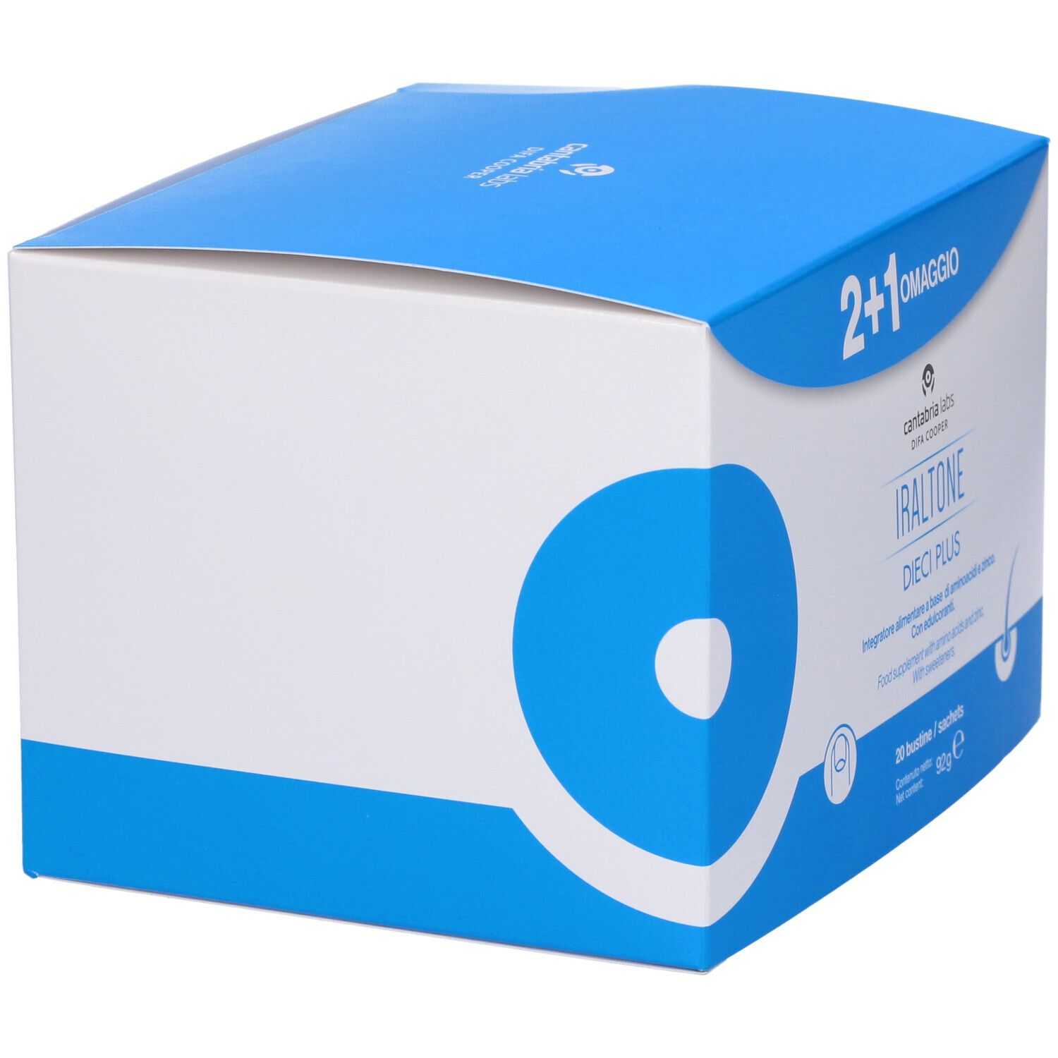 Confezione del prodotto, confezione blu e bianca. Stampa con nome e logo del prodotto. Contiene 20 bustine.