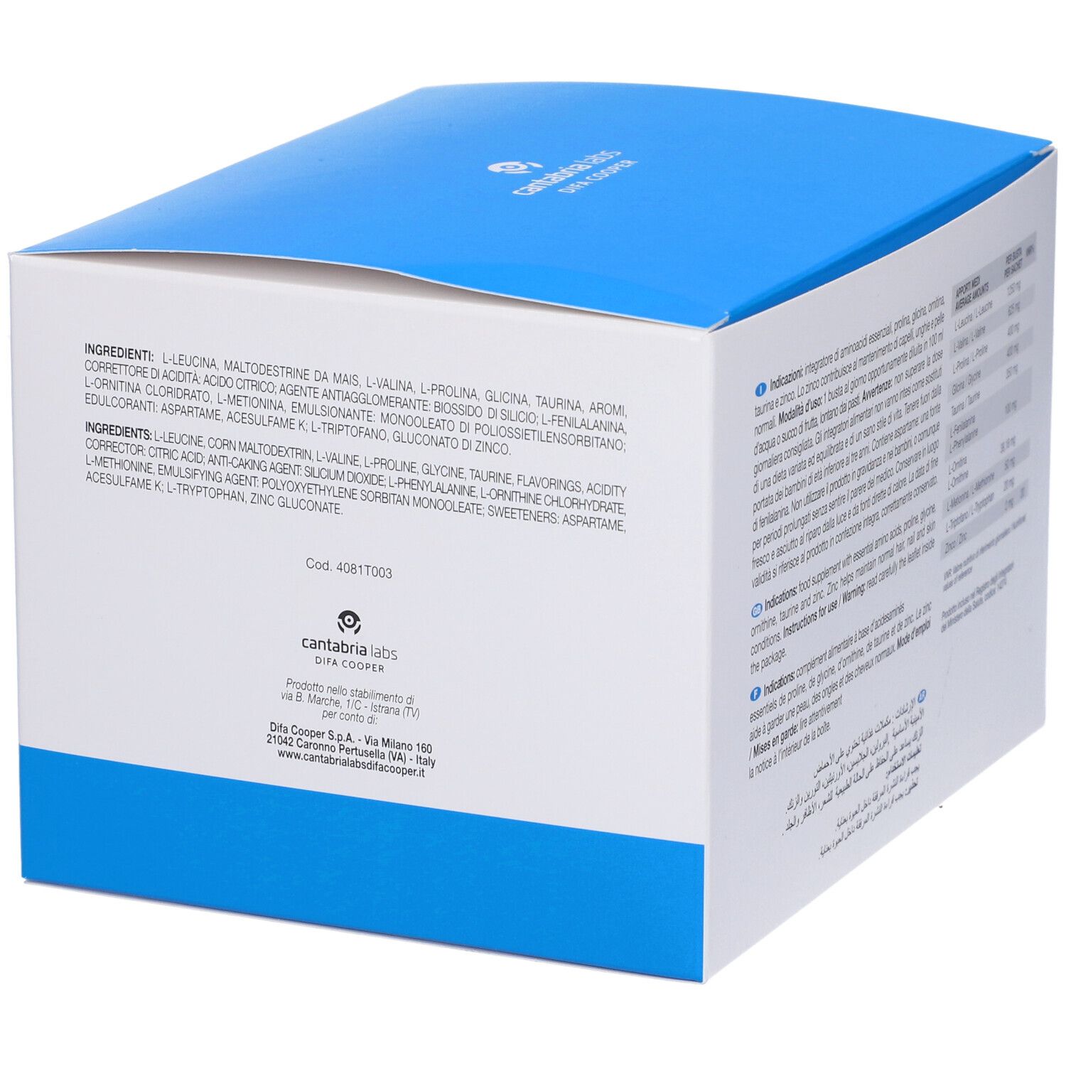 Confezione del prodotto, confezione blu e bianca. Retro con informazioni e ingredienti.