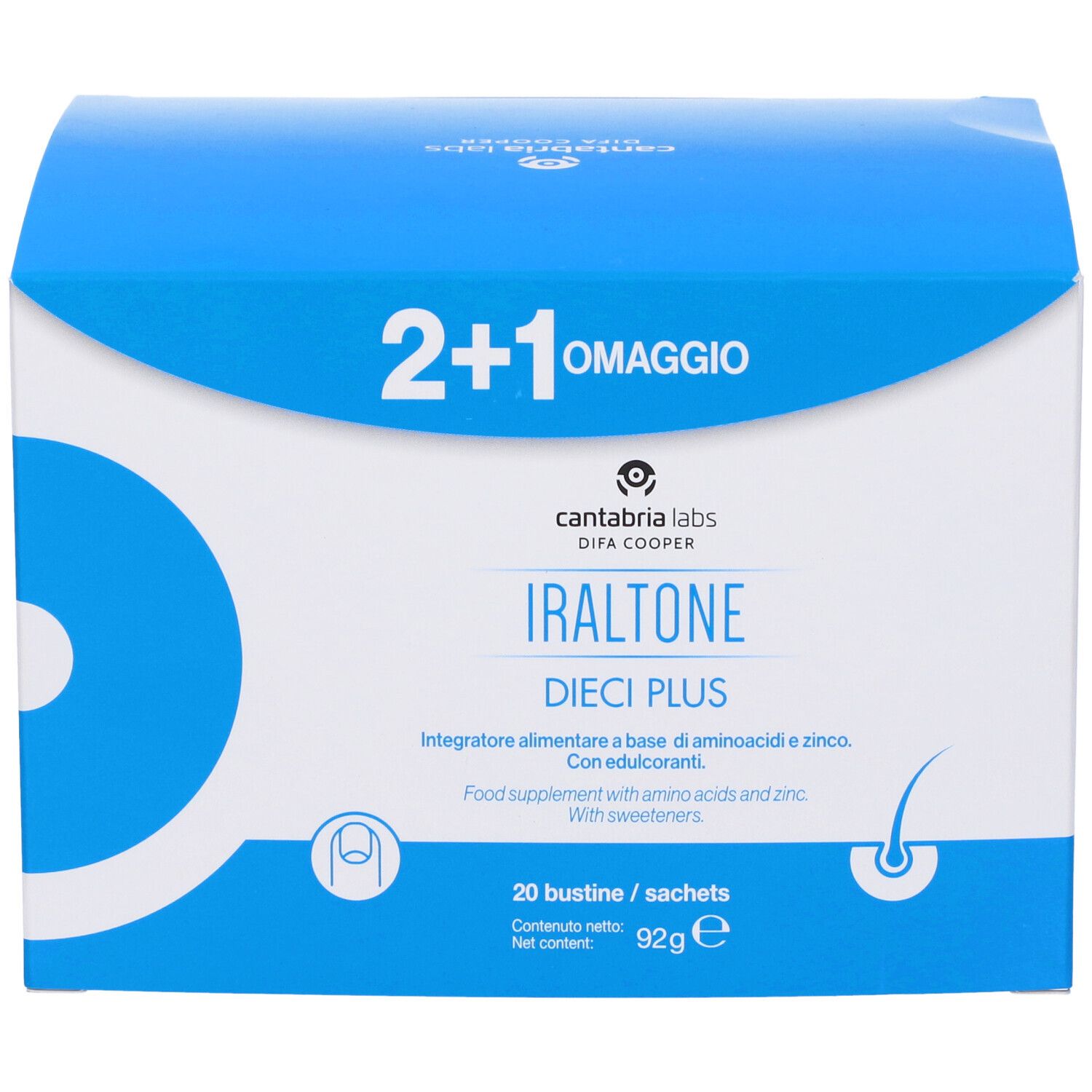 Confezione del prodotto con nome e logo. Confezione blu e bianca con stampa 2+1 omaggio.